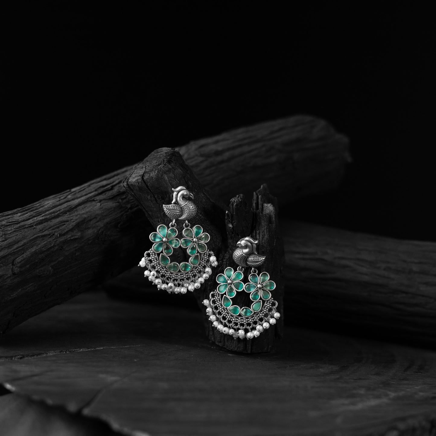 Bird Mint Green Saanjh Bela Oxidised Earrings