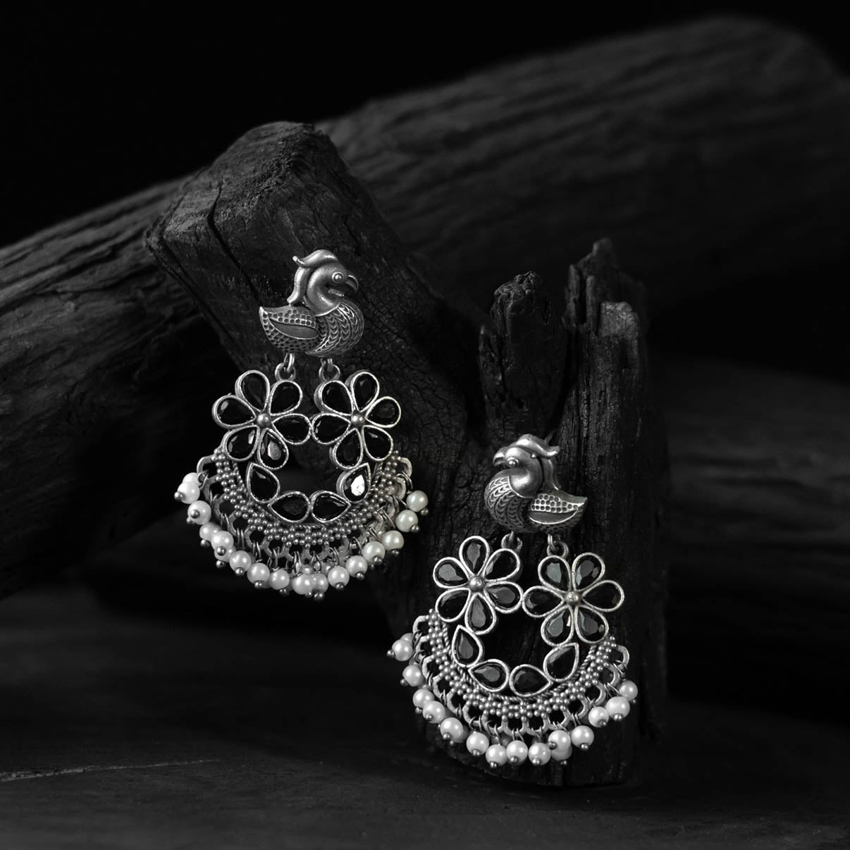 Bird Black Saanjh Bela Oxidised Earrings