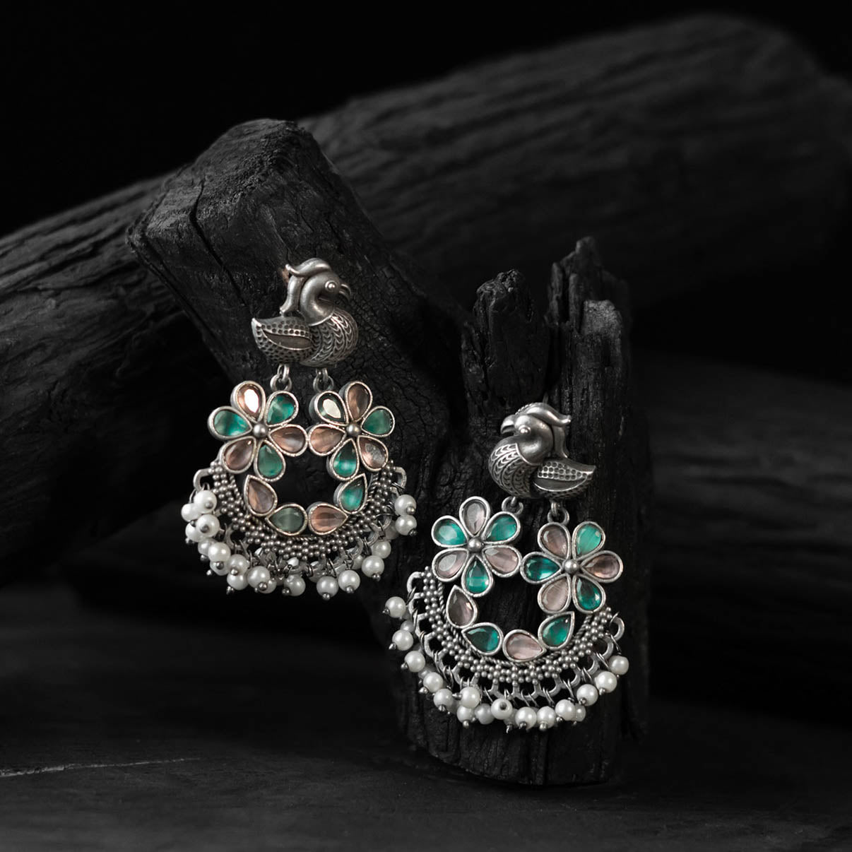 Bird Brown & Green Saanjh Bela Oxidised Earrings