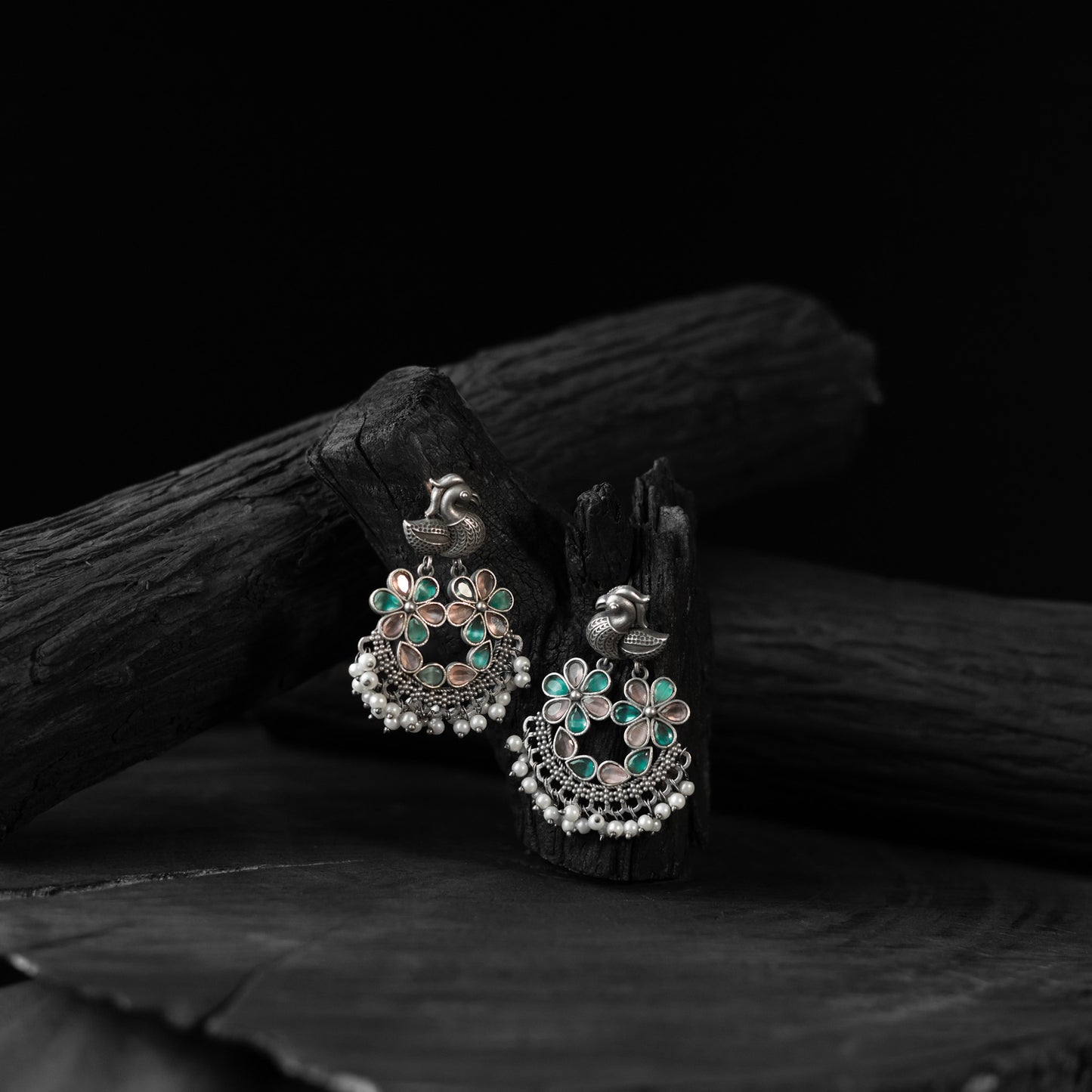Bird Brown & Green Saanjh Bela Oxidised Earrings