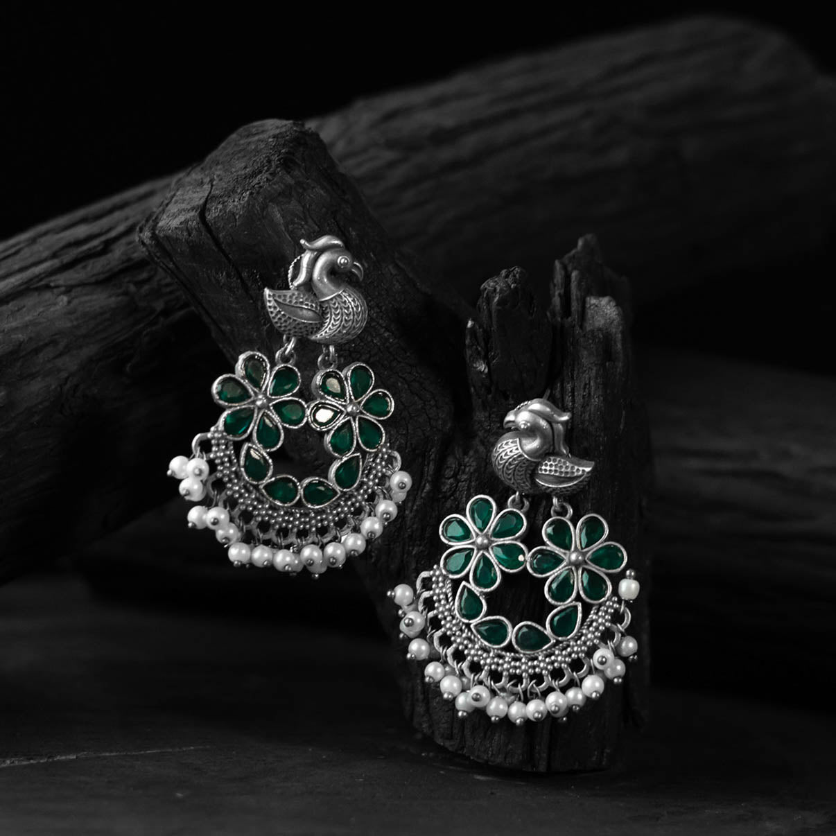 Bird Green Saanjh Bela Oxidised Earrings