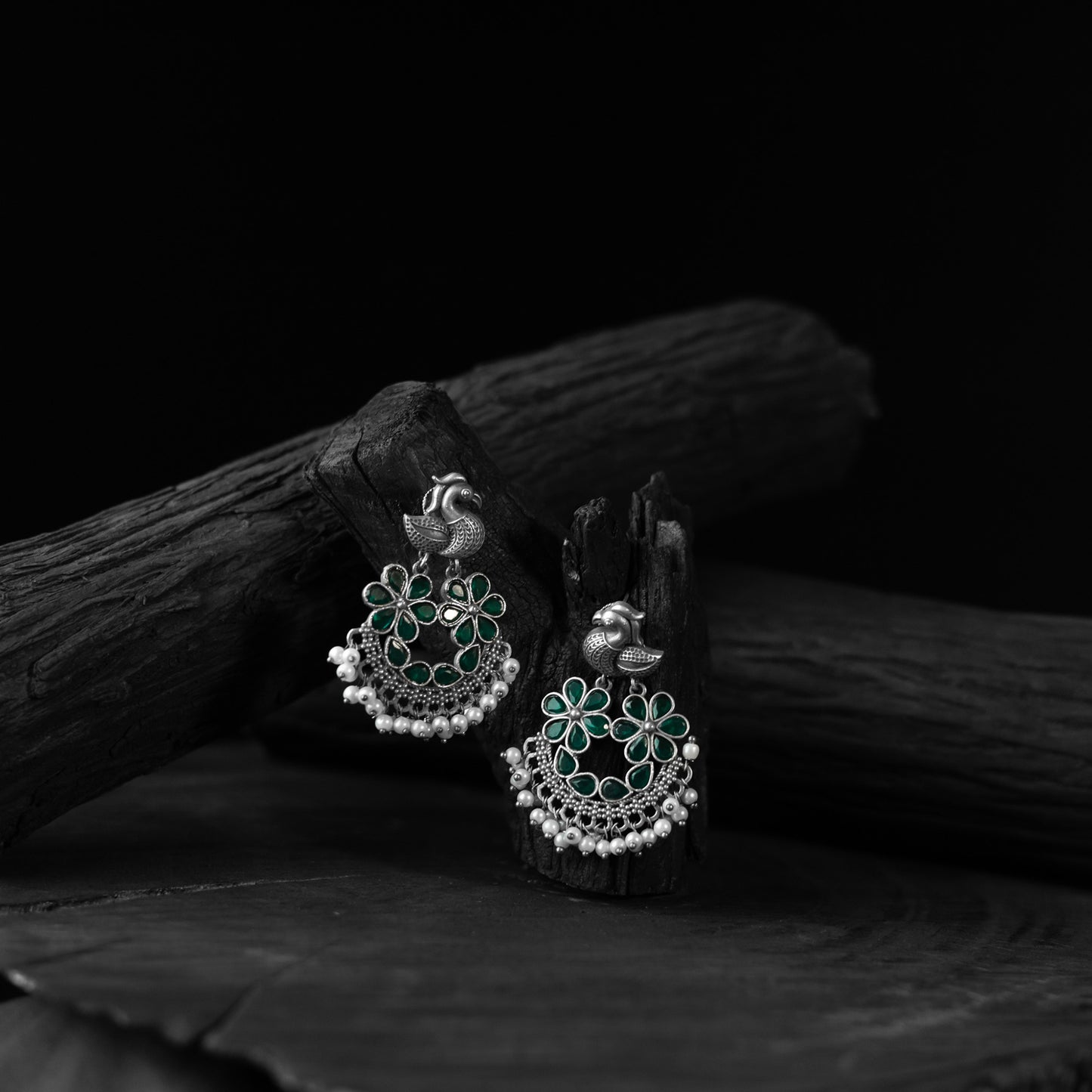 Bird Green Saanjh Bela Oxidised Earrings