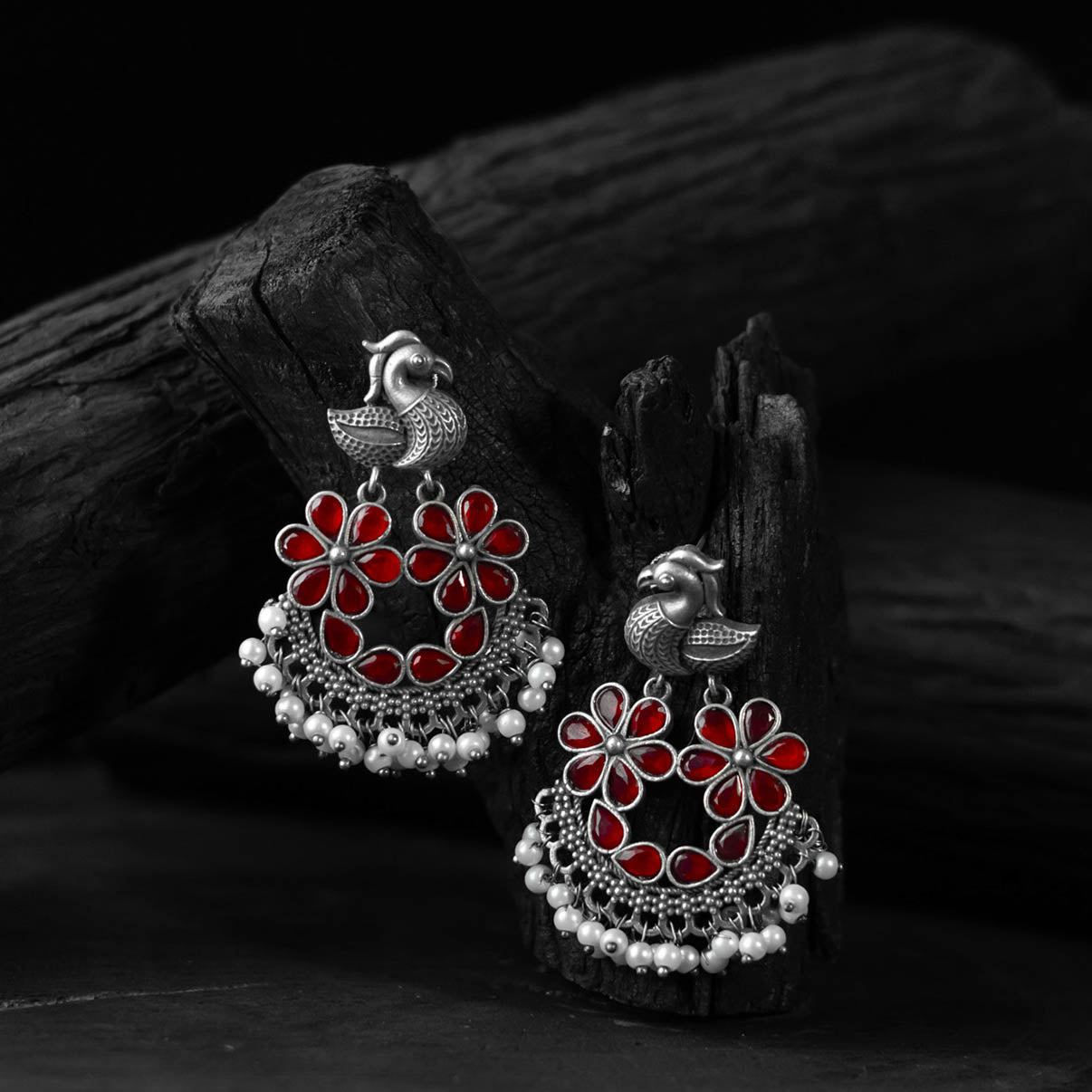 Bird Red Saanjh Bela Oxidised Earrings