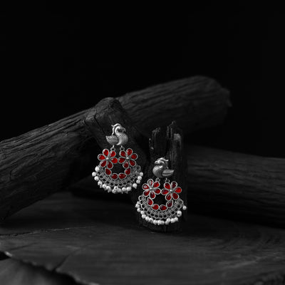 Bird Red Saanjh Bela Oxidised Earrings
