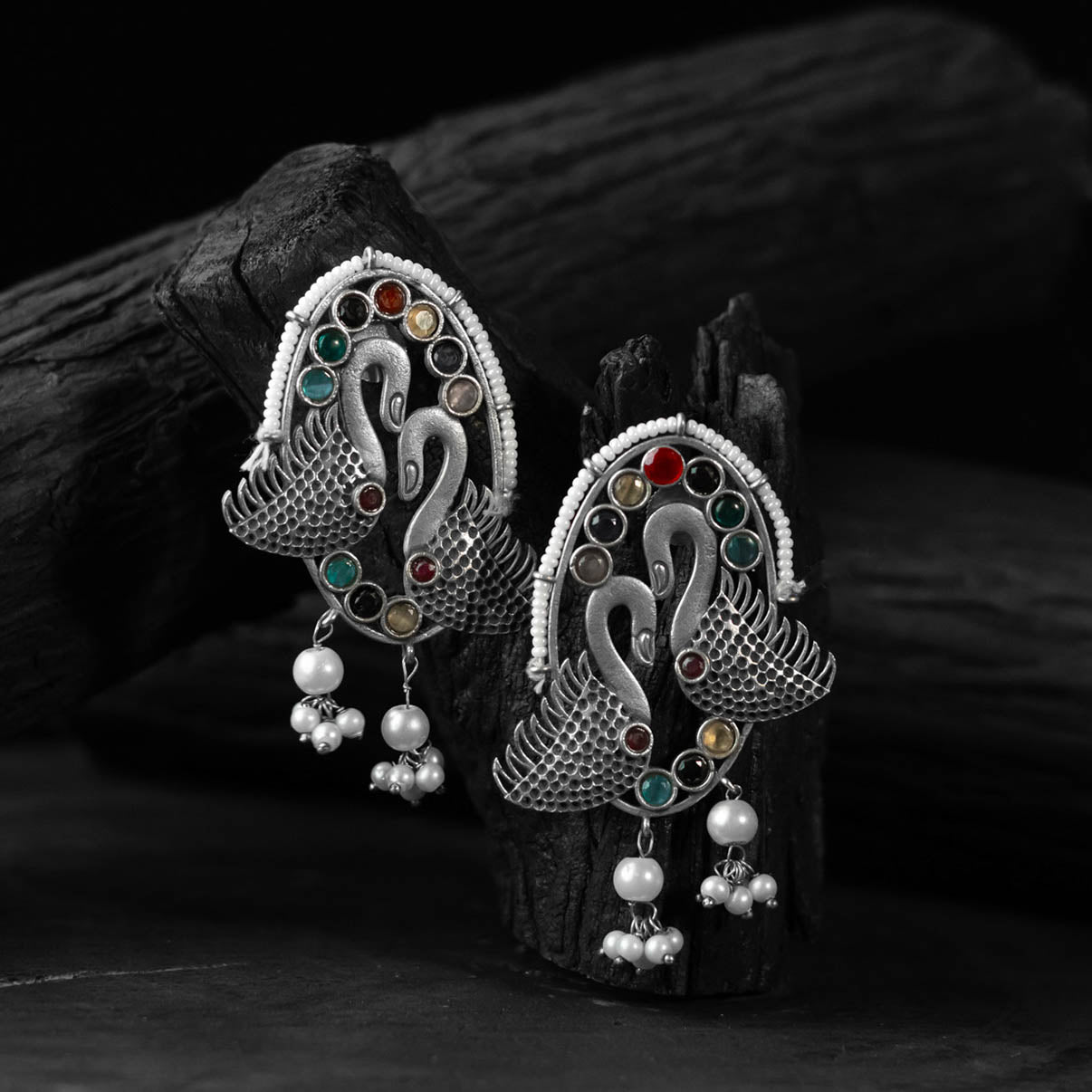 Saanjh Bela Multicolor Twin Swan Oxidised Earrings