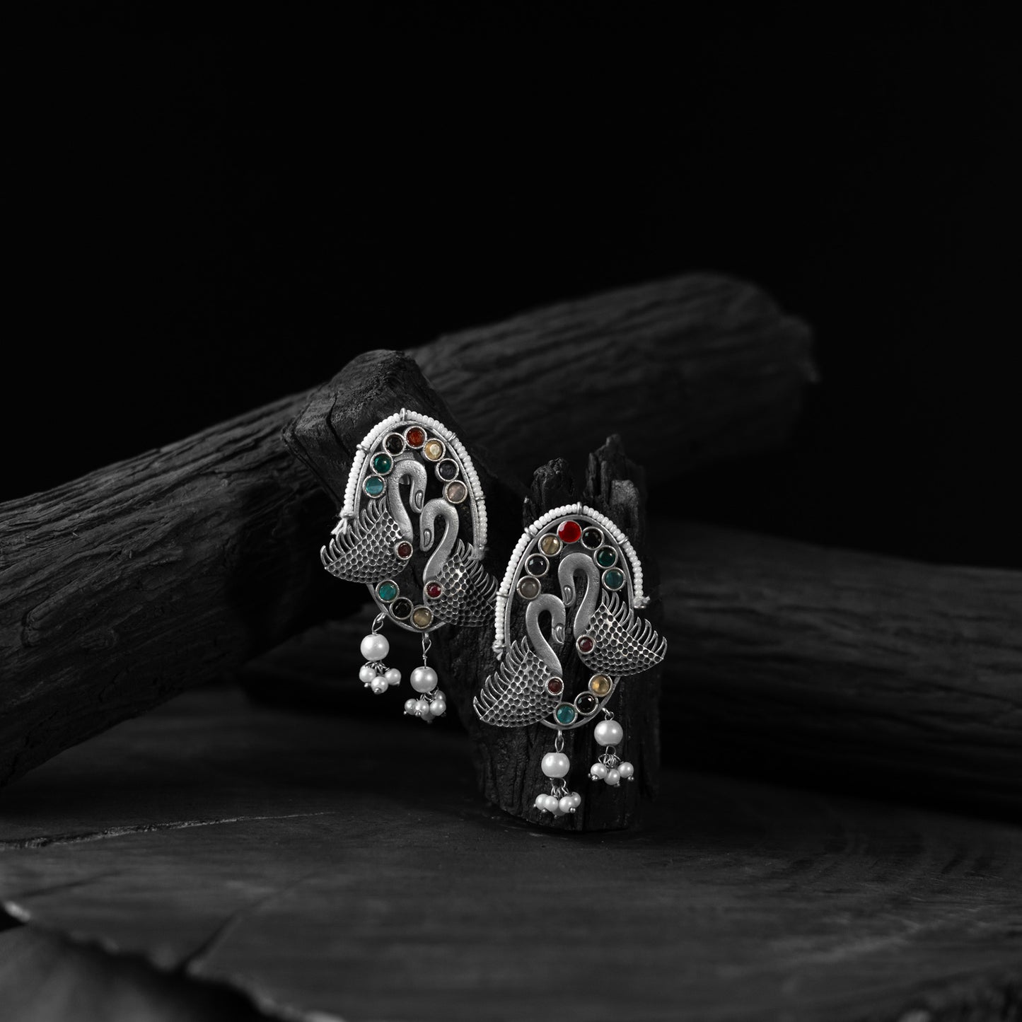 Saanjh Bela Multicolor Twin Swan Oxidised Earrings