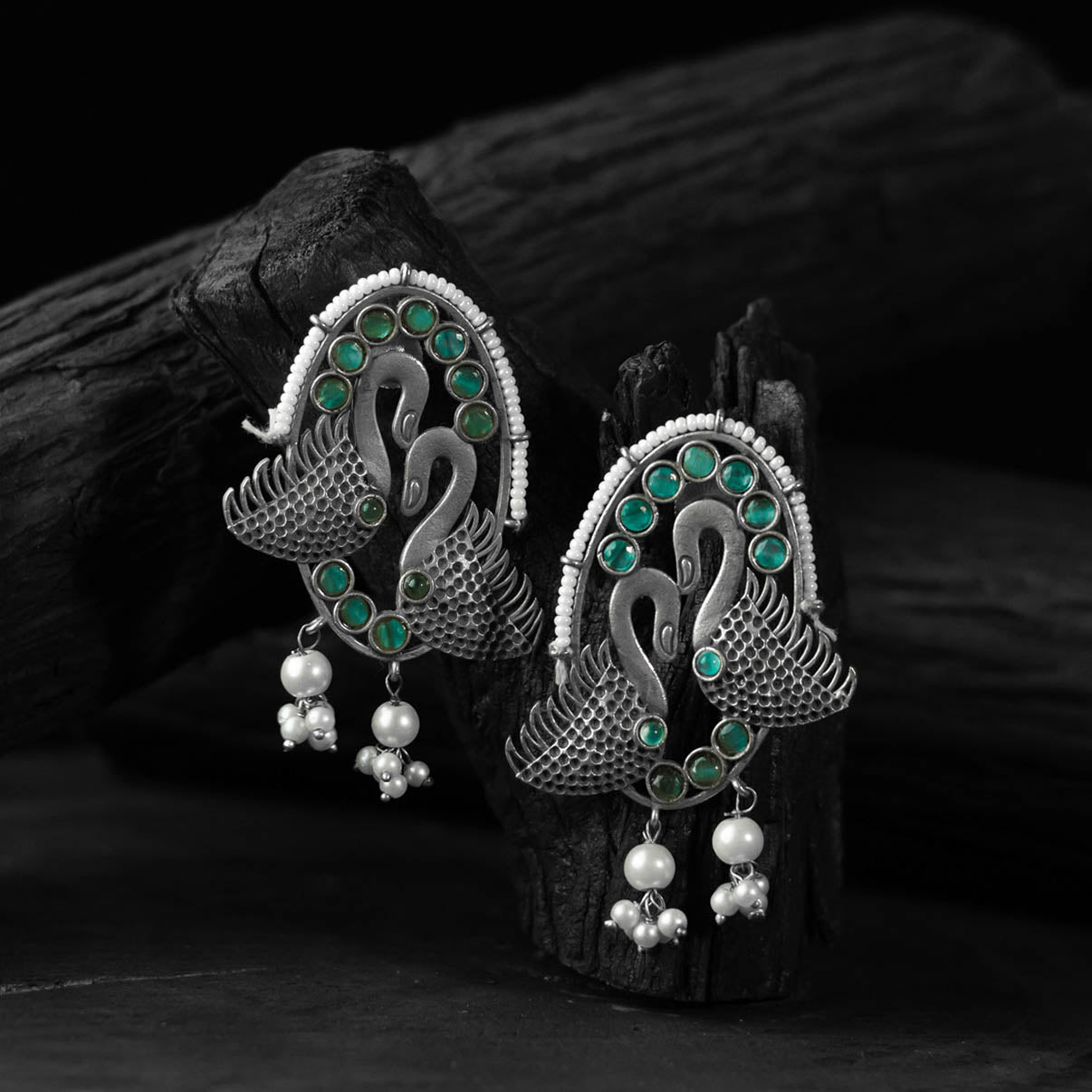 Saanjh Bela Green Twin Swan Oxidised Earrings