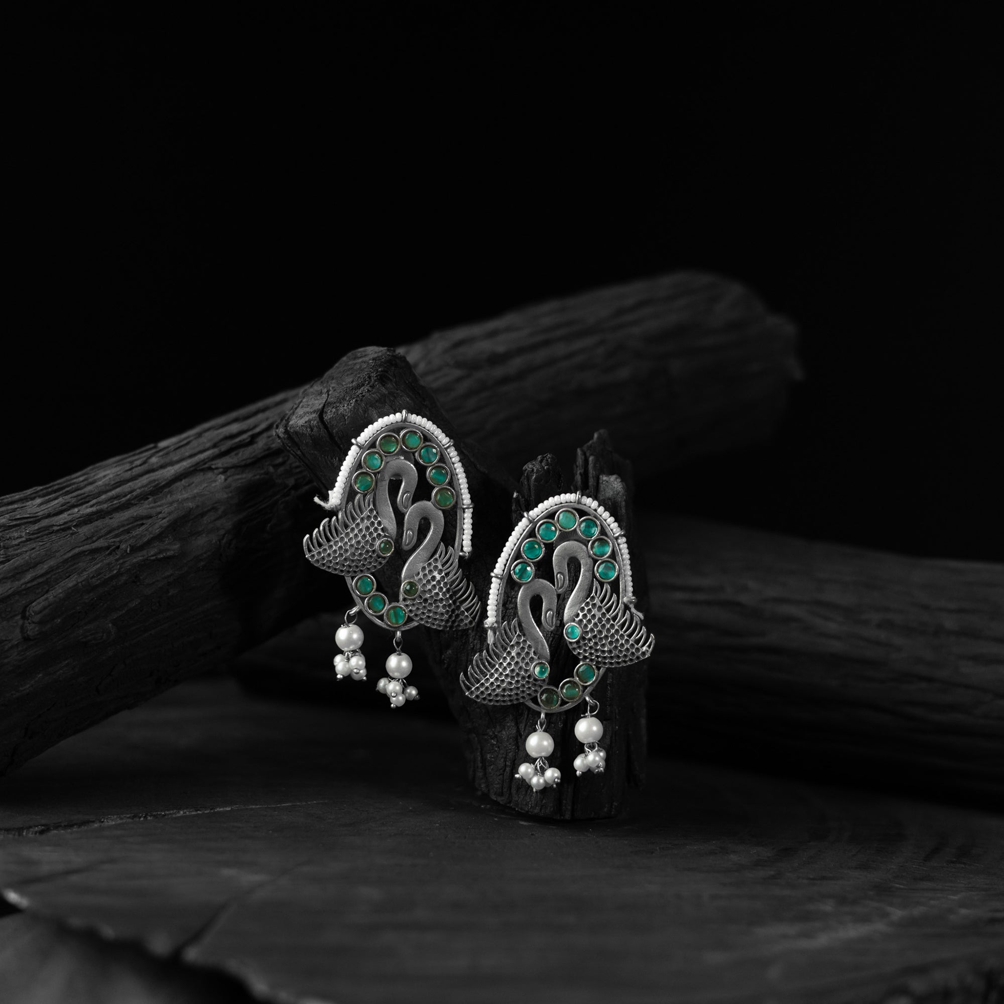 Saanjh Bela Green Twin Swan Oxidised Earrings