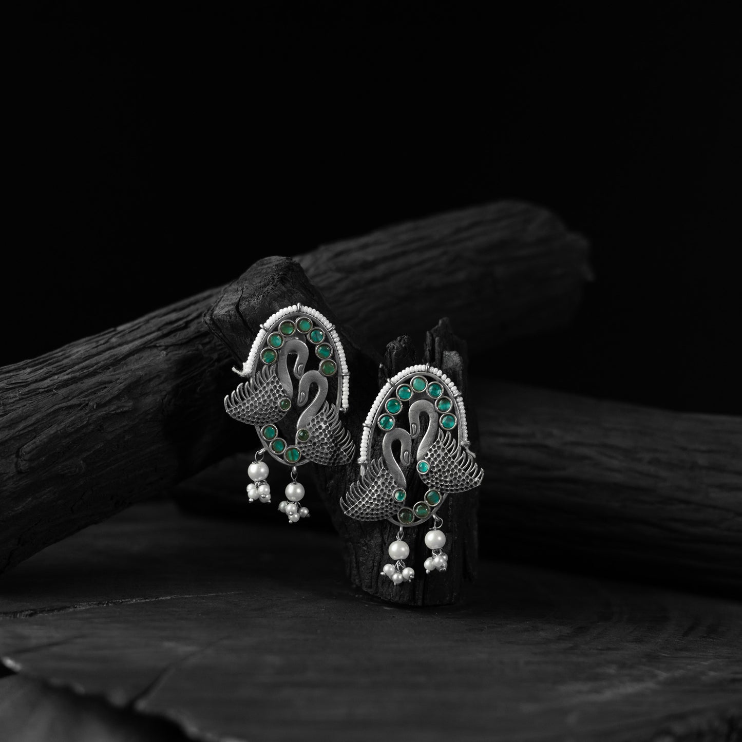 Saanjh Bela Green Twin Swan Oxidised Earrings
