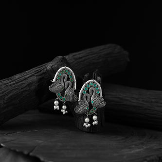 Saanjh Bela Green Twin Swan Oxidised Earrings