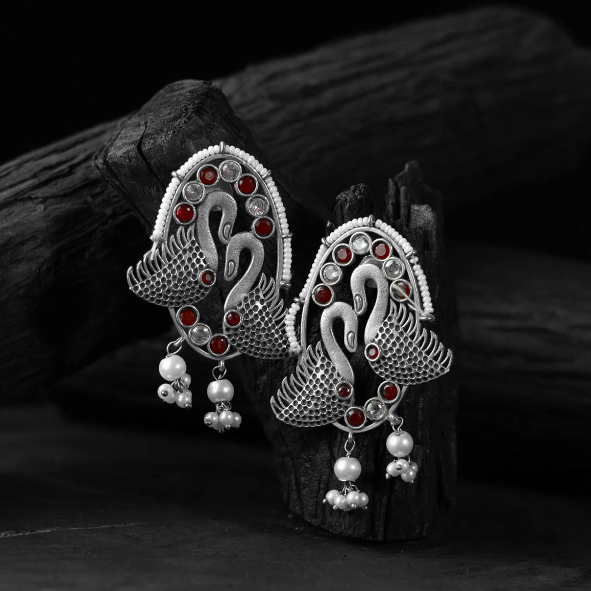 Saanjh Bela Red Twin Swan Oxidised Earrings