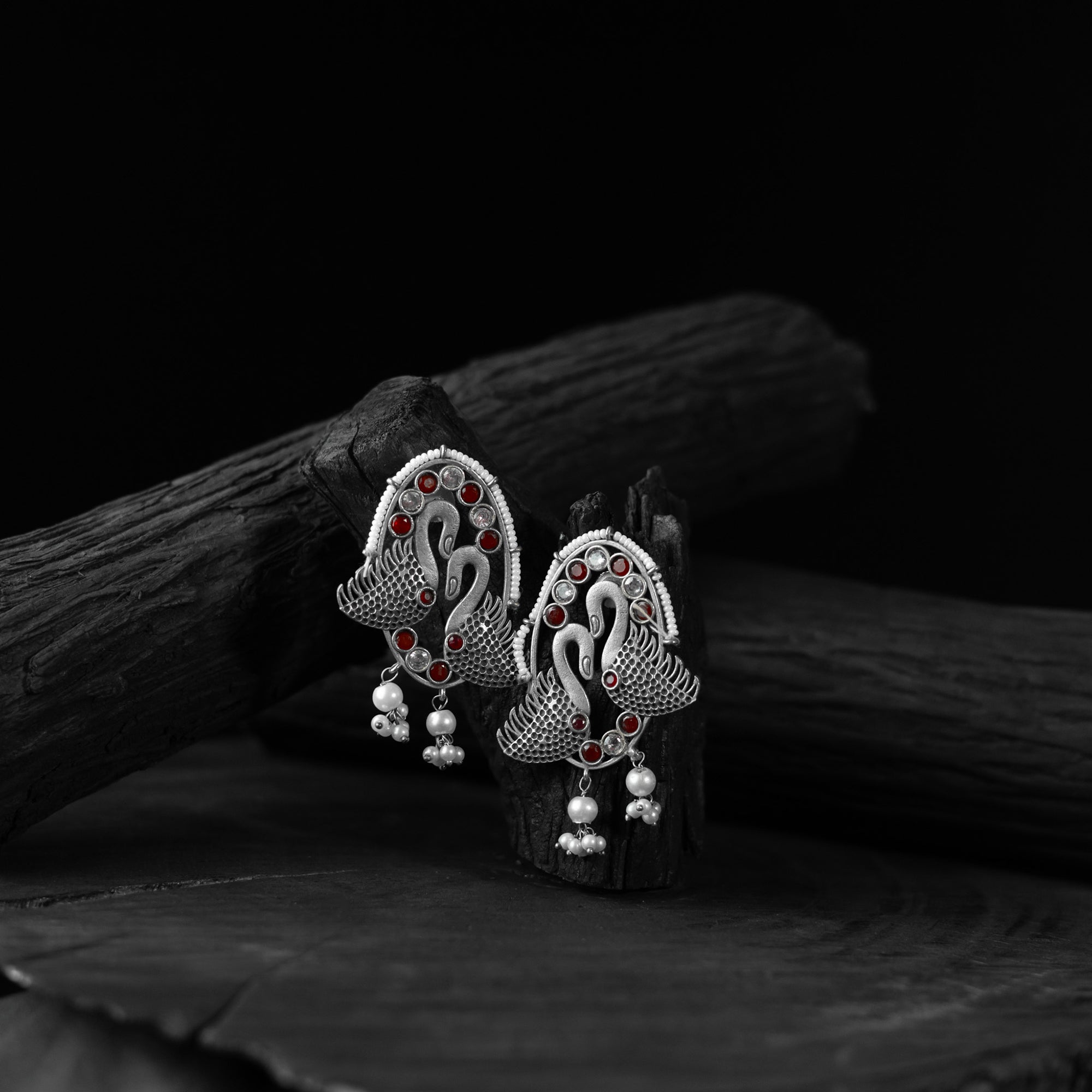 Saanjh Bela Red Twin Swan Oxidised Earrings