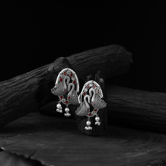 Saanjh Bela Red Twin Swan Oxidised Earrings
