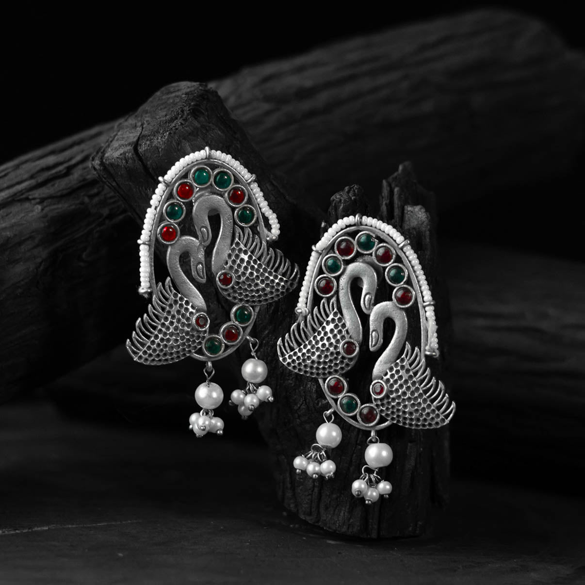 Saanjh Bela Red & Green Twin Swan Oxidised Earrings