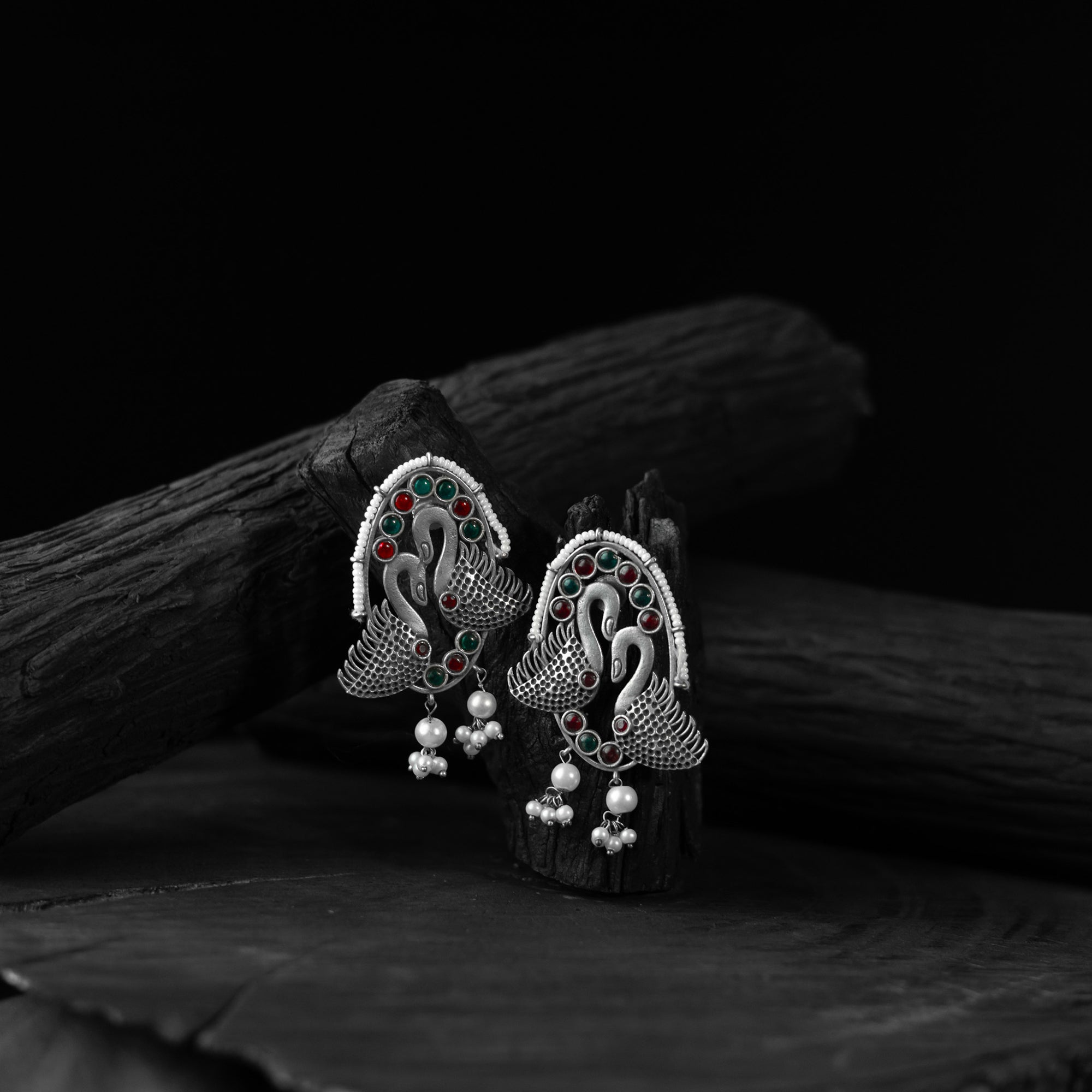 Saanjh Bela Red & Green Twin Swan Oxidised Earrings