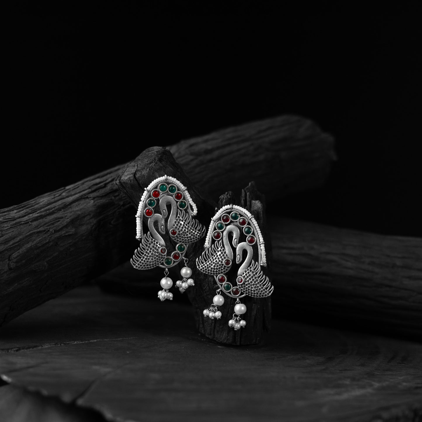 Saanjh Bela Red & Green Twin Swan Oxidised Earrings