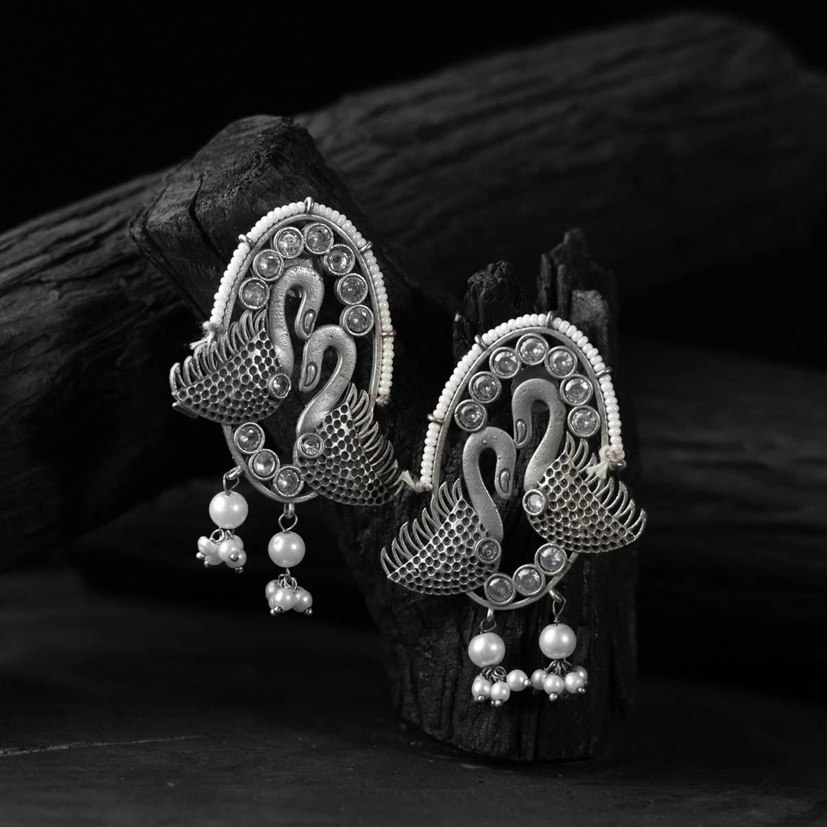 Saanjh Bela Twin Swan Oxidised Earrings