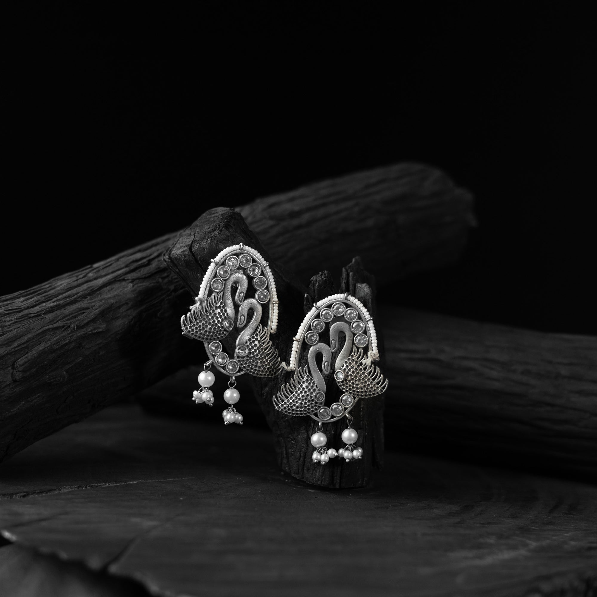 Saanjh Bela Twin Swan Oxidised Earrings