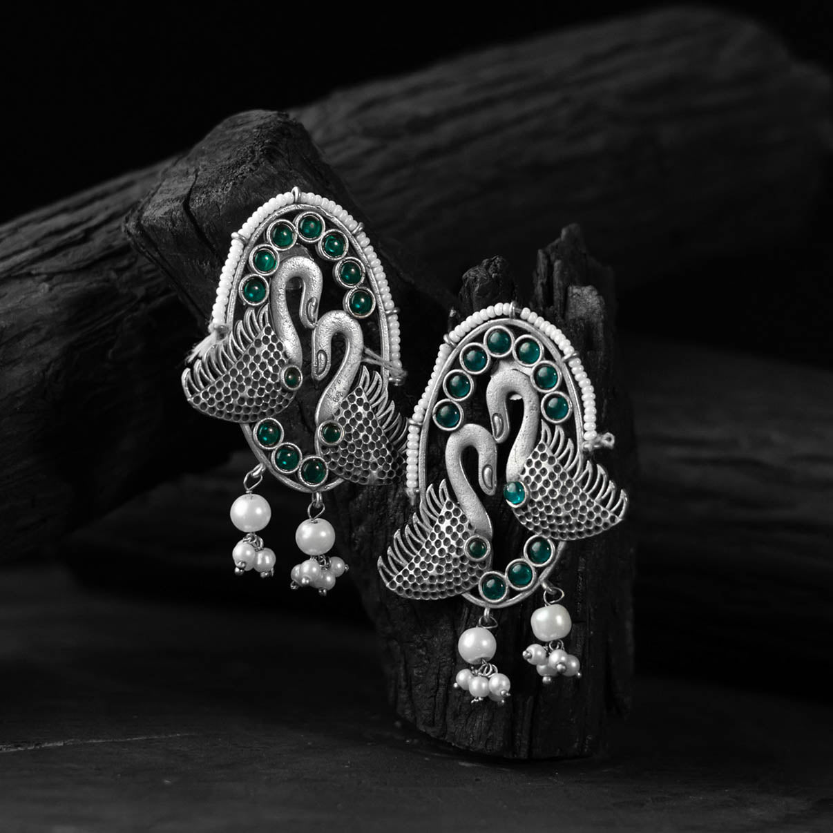 Saanjh Bela Twin Swan Green Oxidised Earrings