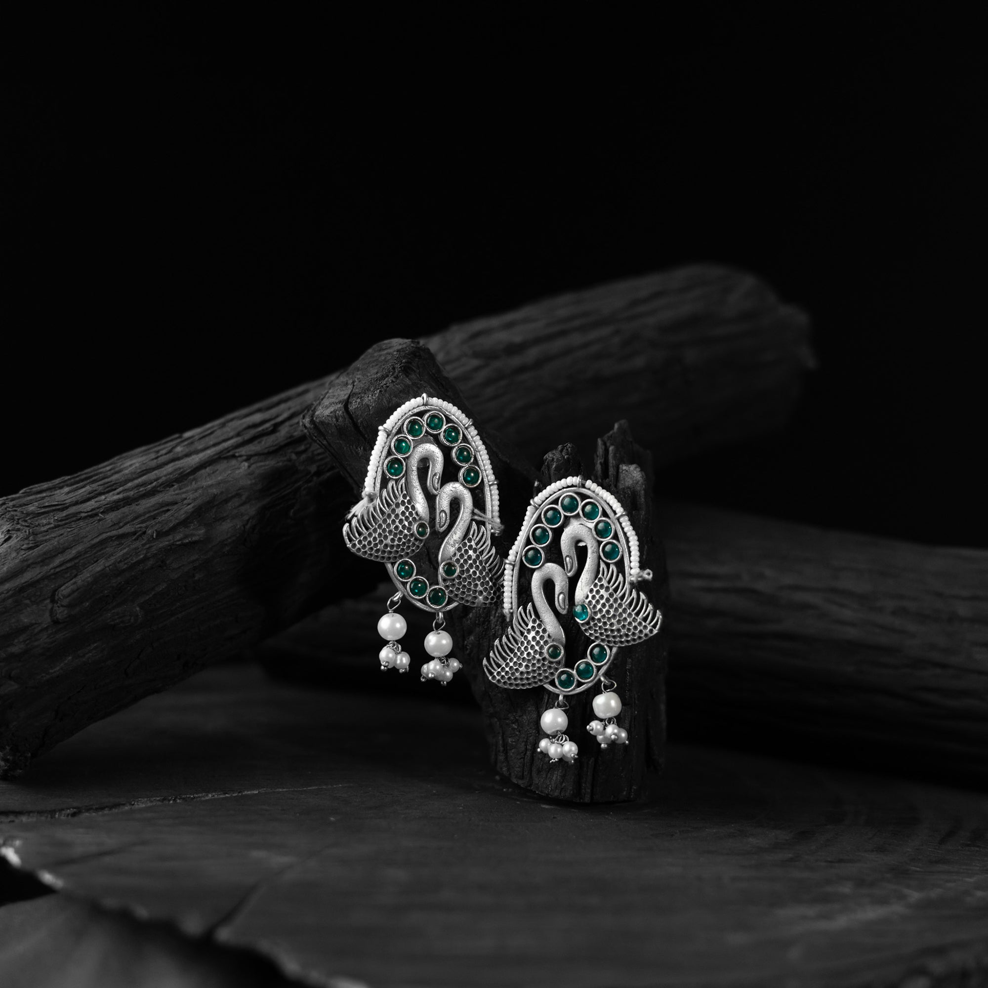 Saanjh Bela Twin Swan Green Oxidised Earrings