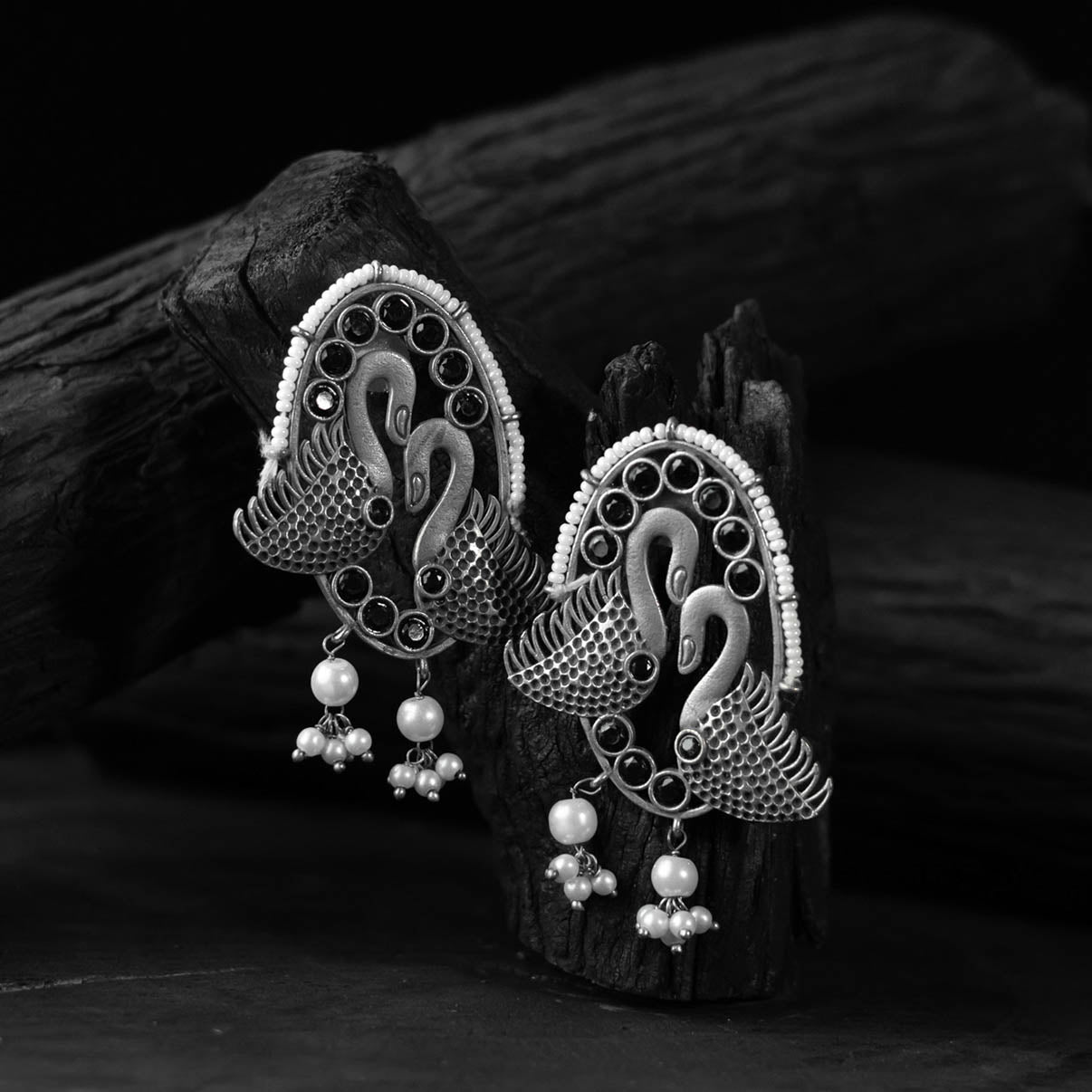 Saanjh Bela Black Twin Swan Oxidised Earrings