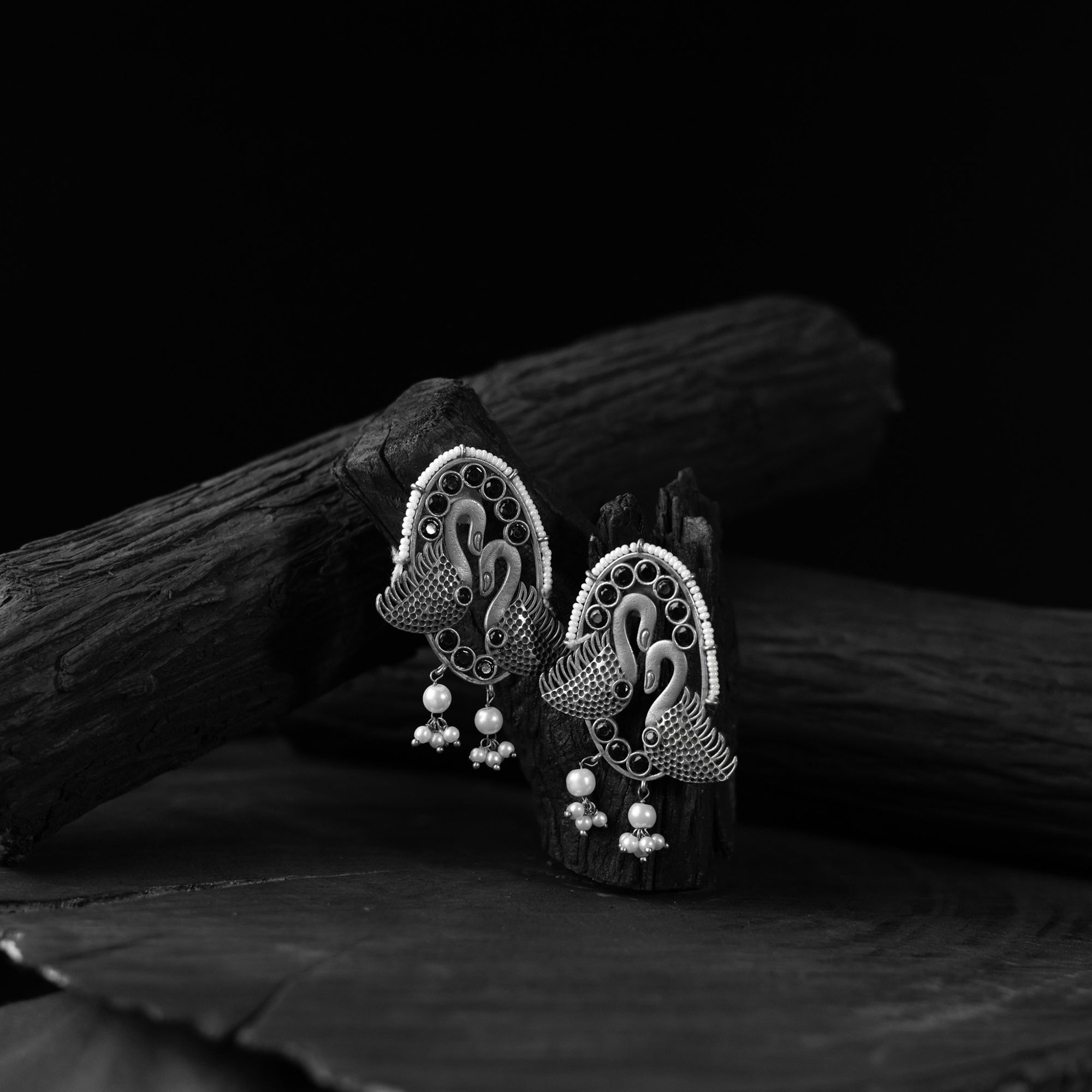 Saanjh Bela Black Twin Swan Oxidised Earrings