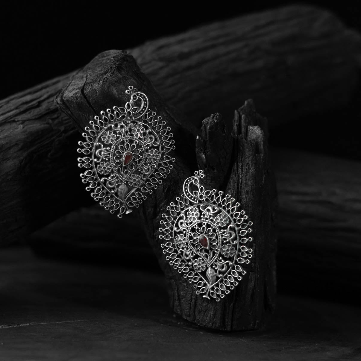 Red Peacock & Paisley Saanjh Bela Oxidised Earrings