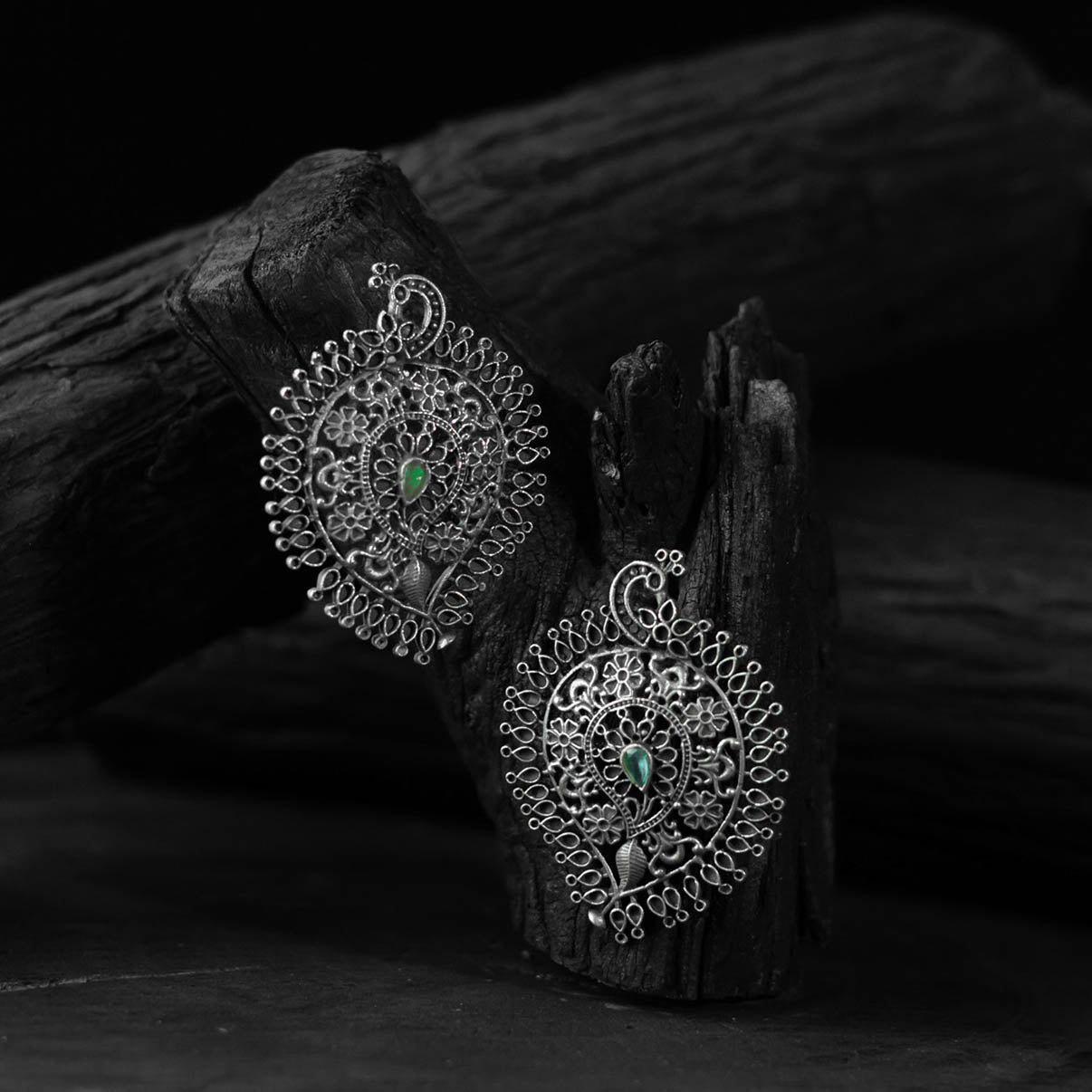 Green Peacock & Paisley Saanjh Bela Oxidised Earrings