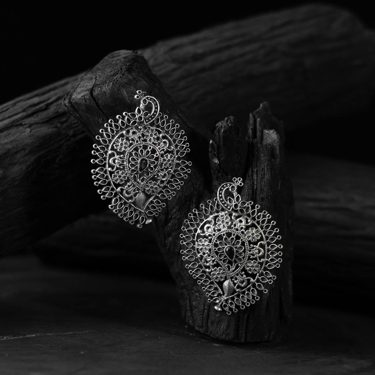 Black Peacock & Paisley Saanjh Bela Oxidised Earrings