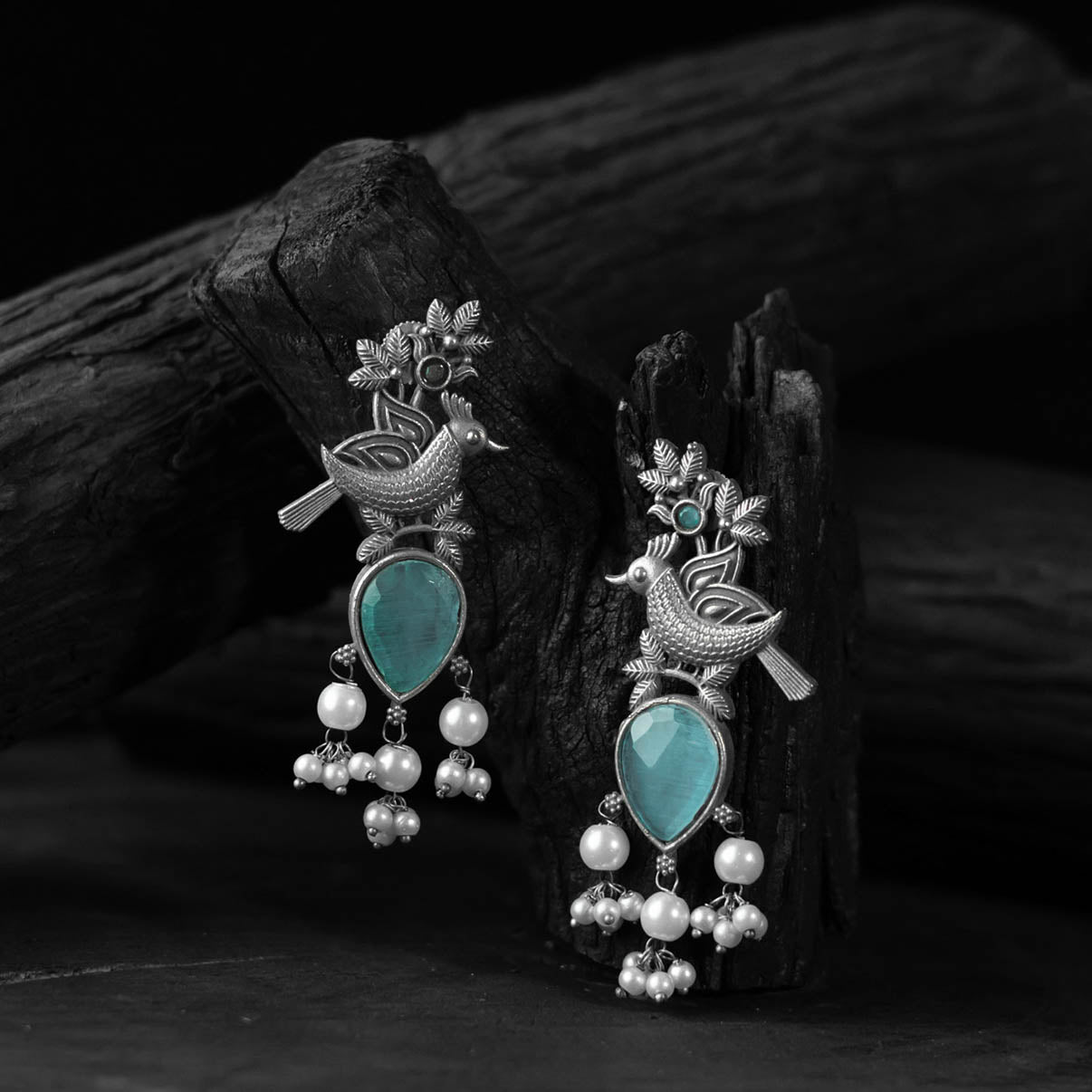 Saanjh Bela Sky Blue Cuckoo Oxidised Earrings