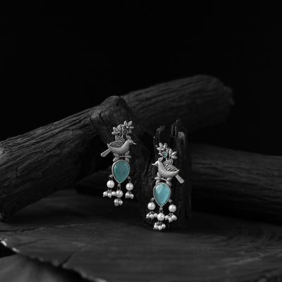 Saanjh Bela Sky Blue Cuckoo Oxidised Earrings