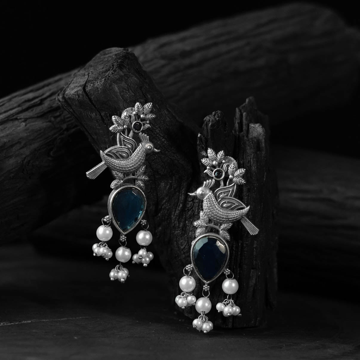 Saanjh Bela Blue Cuckoo Oxidised Earrings