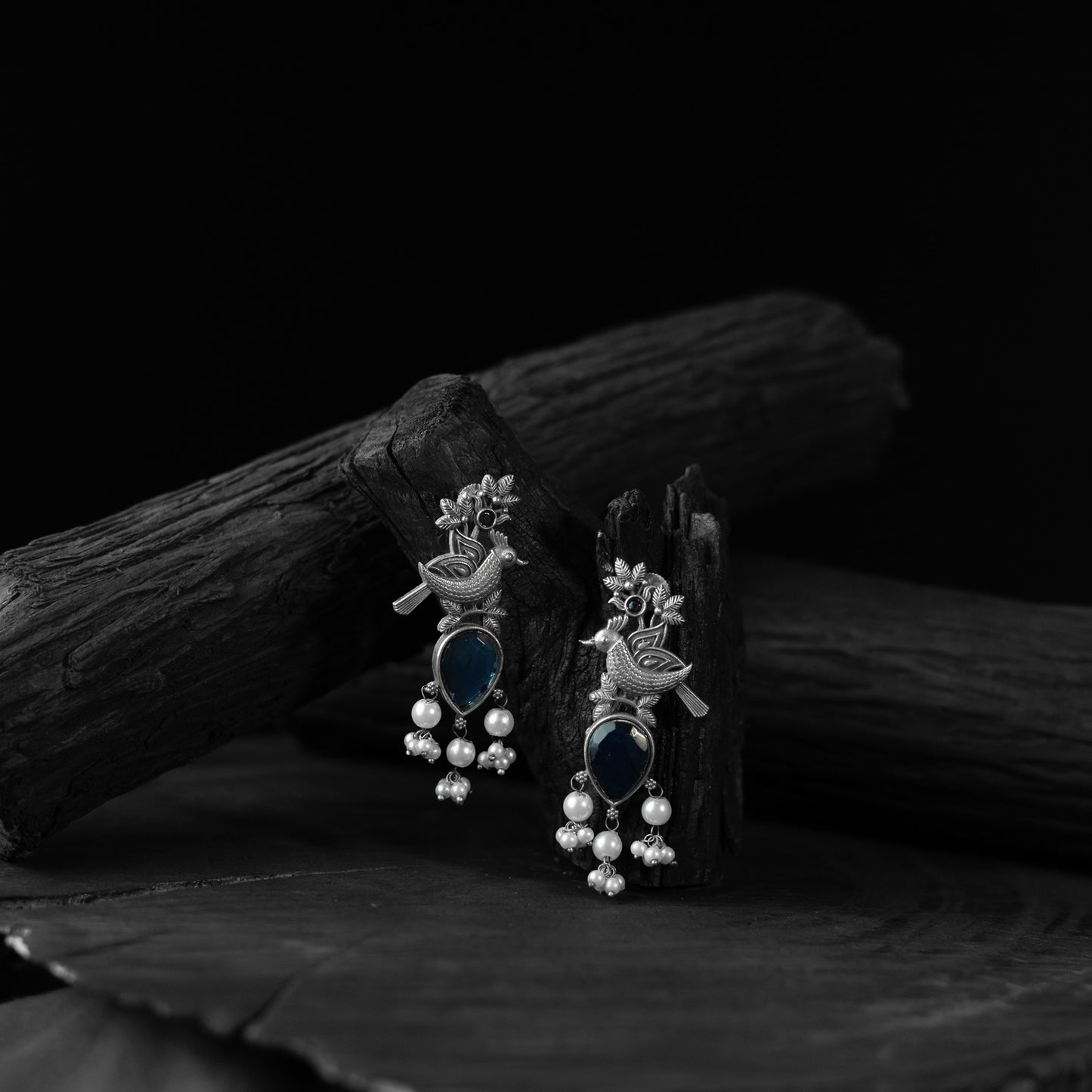 Saanjh Bela Blue Cuckoo Oxidised Earrings