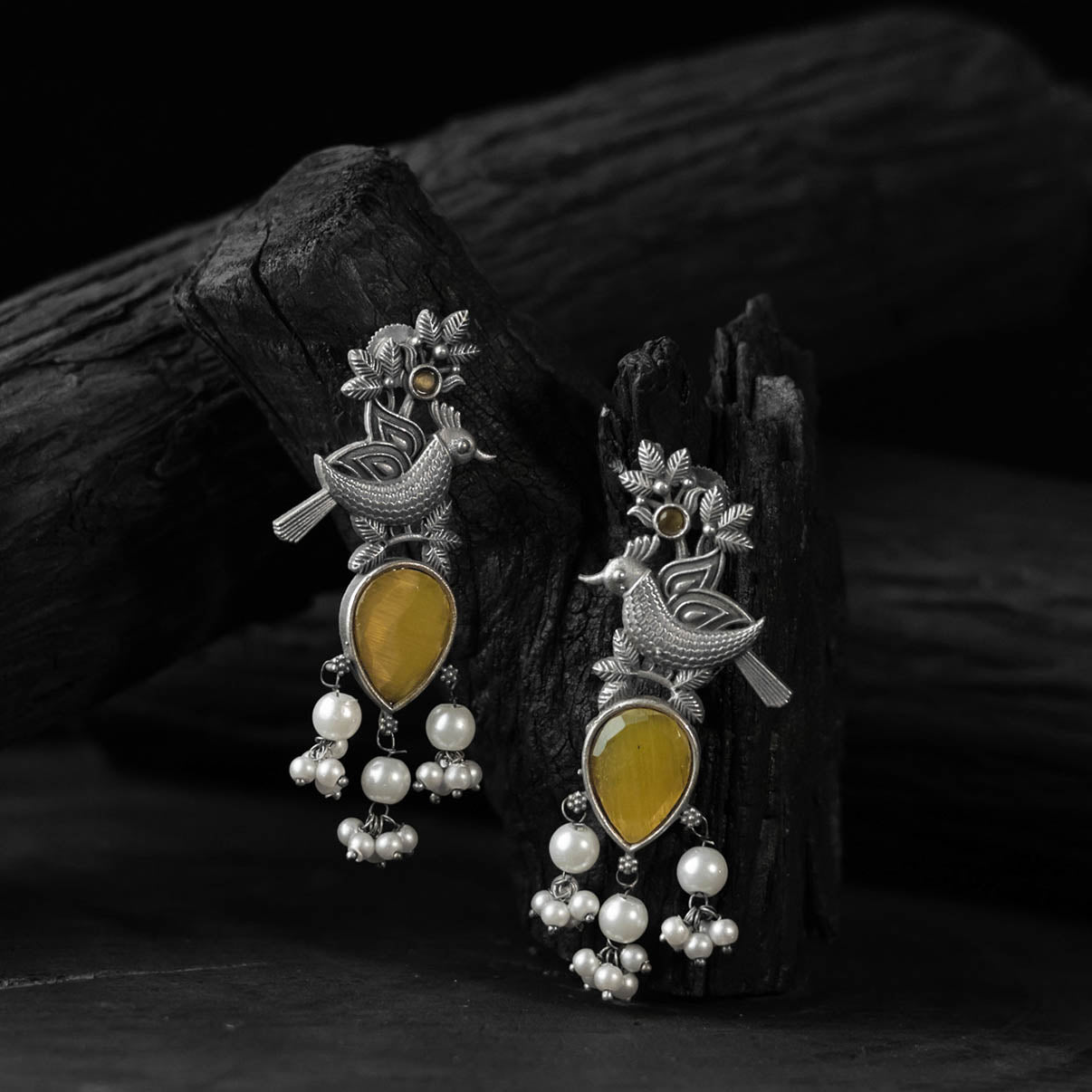Saanjh Bela Yellow Cuckoo Oxidised Earrings