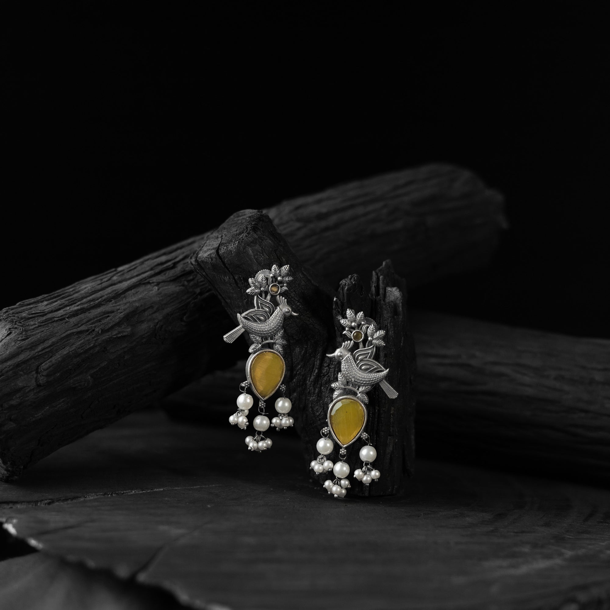 Saanjh Bela Yellow Cuckoo Oxidised Earrings
