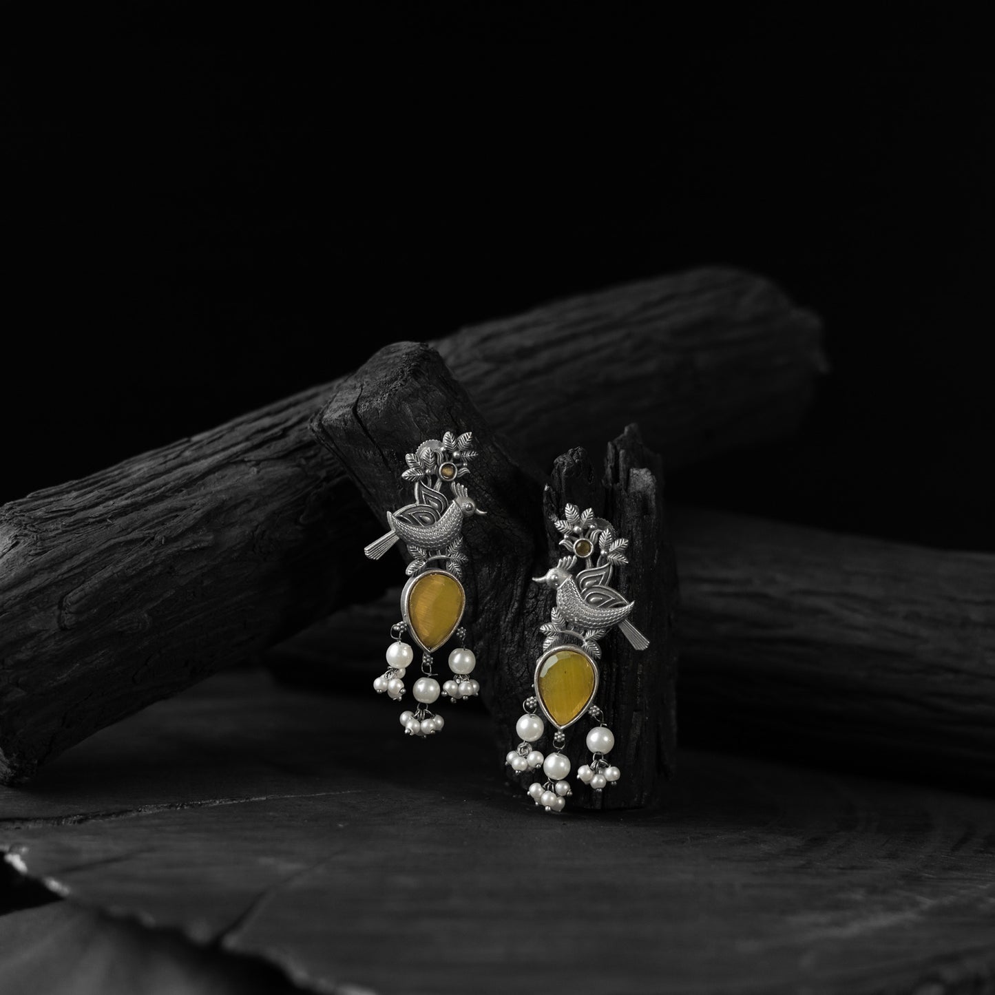 Saanjh Bela Yellow Cuckoo Oxidised Earrings
