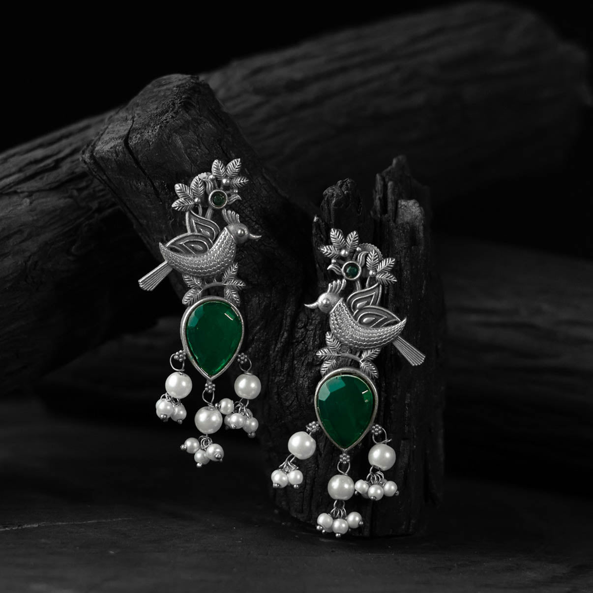 Saanjh Bela Green Cuckoo Oxidised Earrings