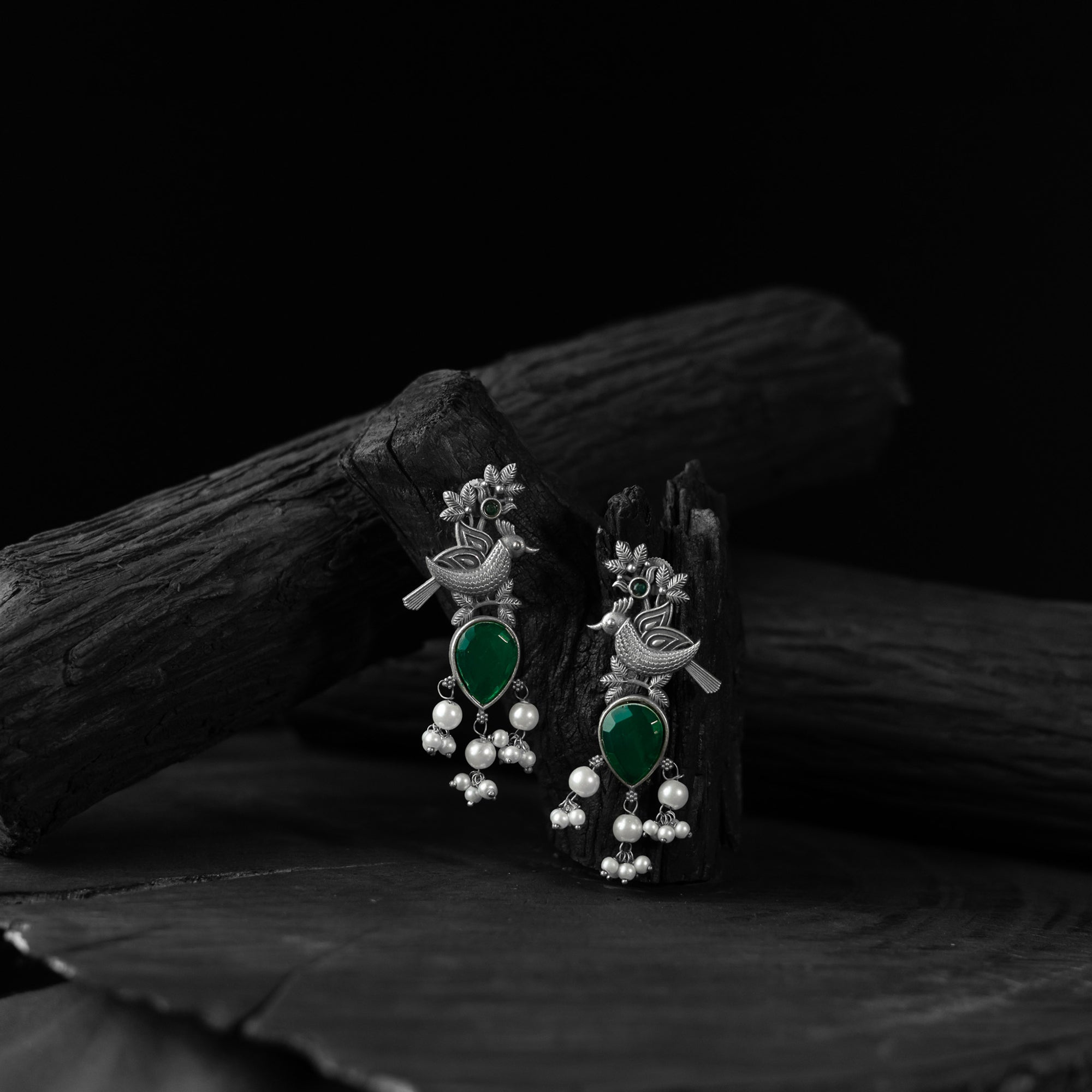 Saanjh Bela Green Cuckoo Oxidised Earrings