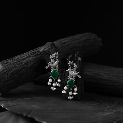 Saanjh Bela Green Cuckoo Oxidised Earrings