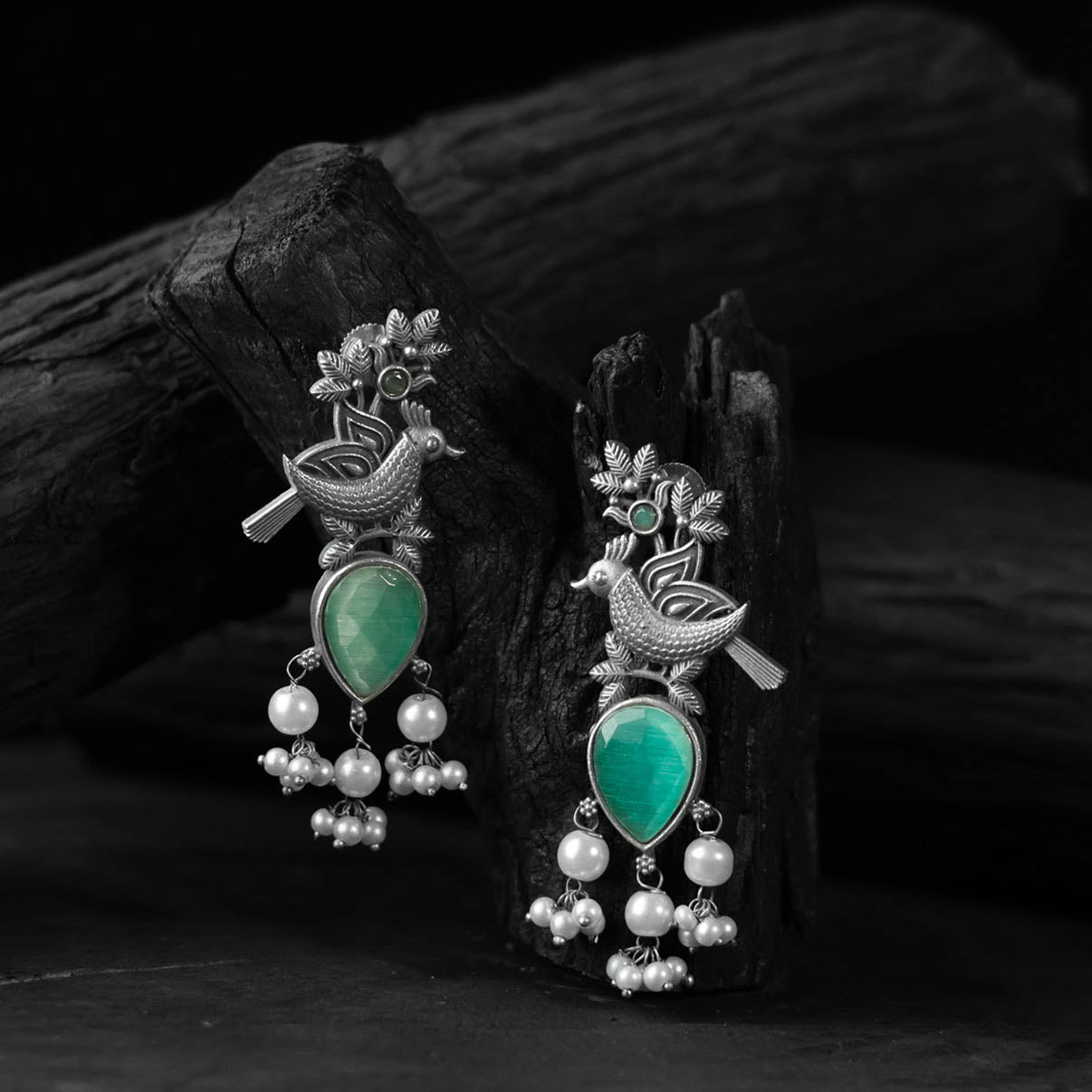 Saanjh Bela Mint Green Cuckoo Oxidised Earrings