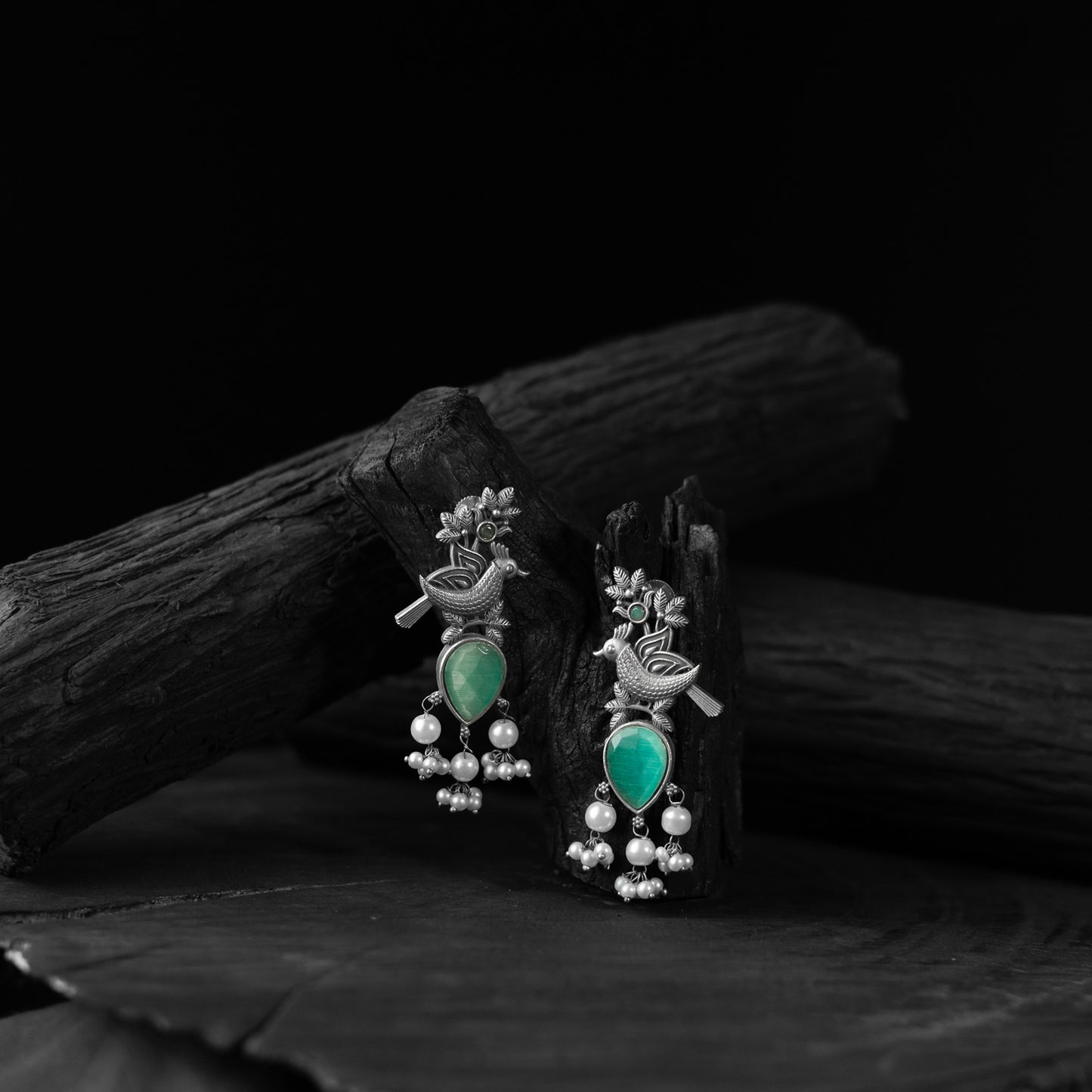 Saanjh Bela Mint Green Cuckoo Oxidised Earrings