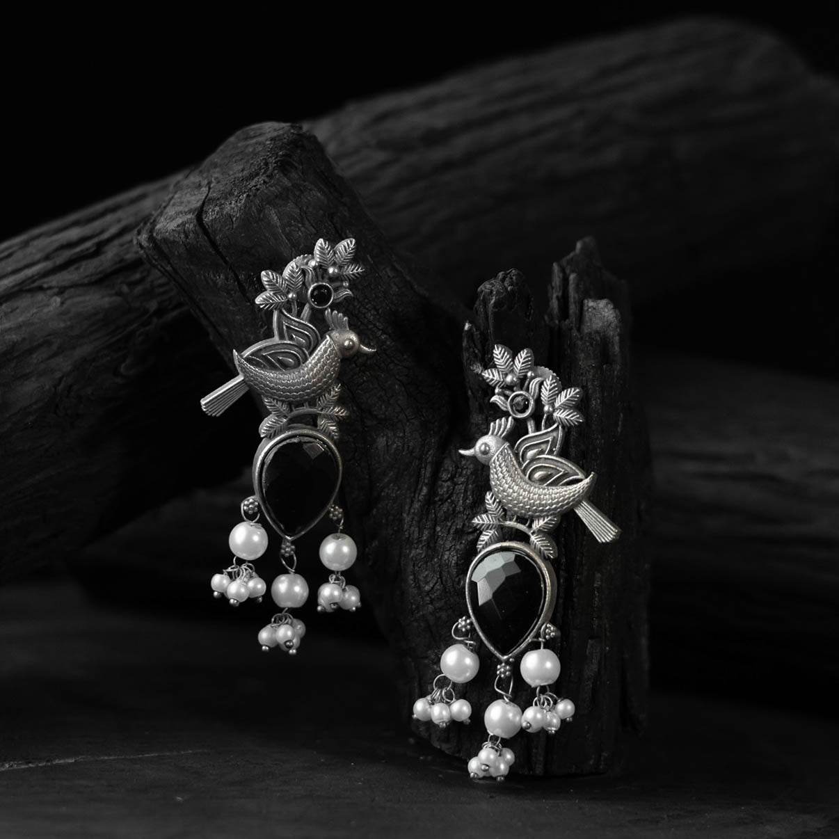 Saanjh Bela Black Cuckoo Oxidised Earrings
