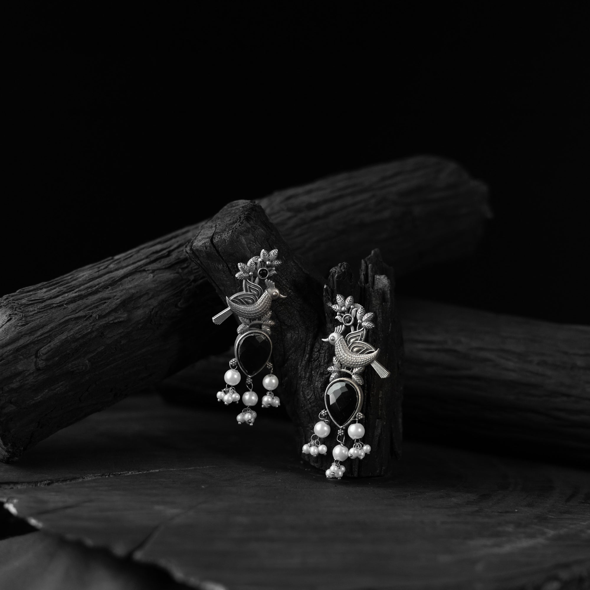 Saanjh Bela Black Cuckoo Oxidised Earrings