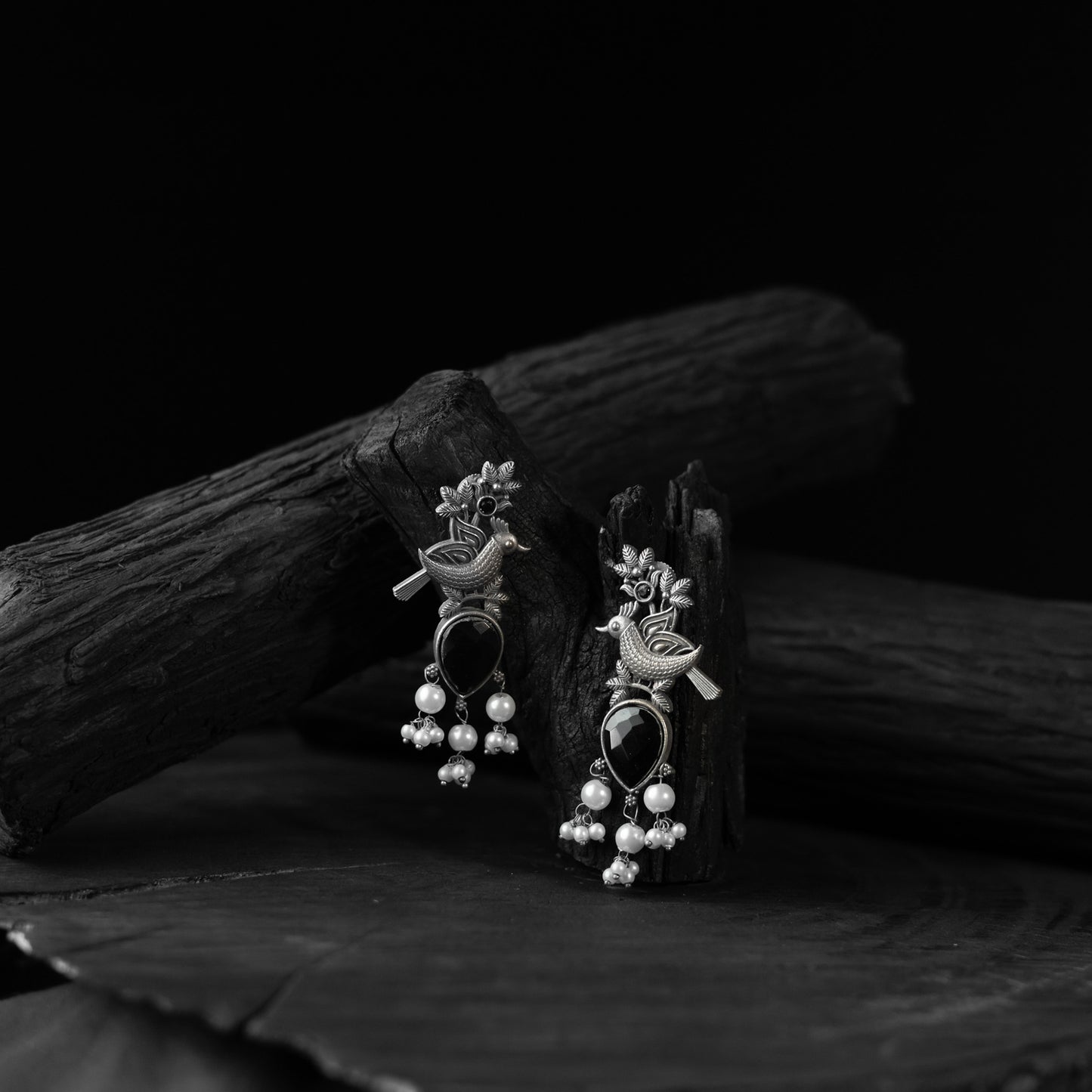 Saanjh Bela Black Cuckoo Oxidised Earrings