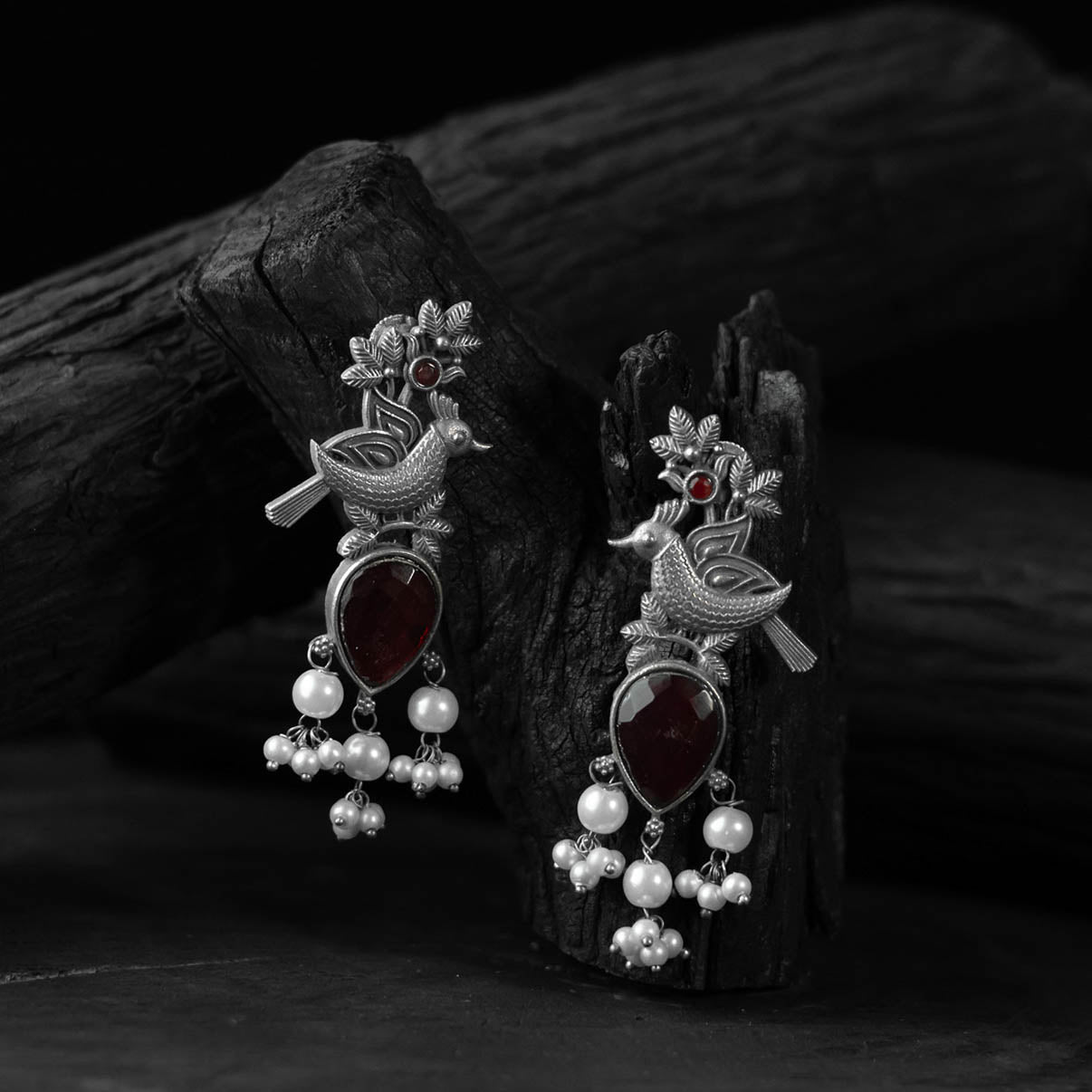 Saanjh Bela Maroon Cuckoo Oxidised Earrings