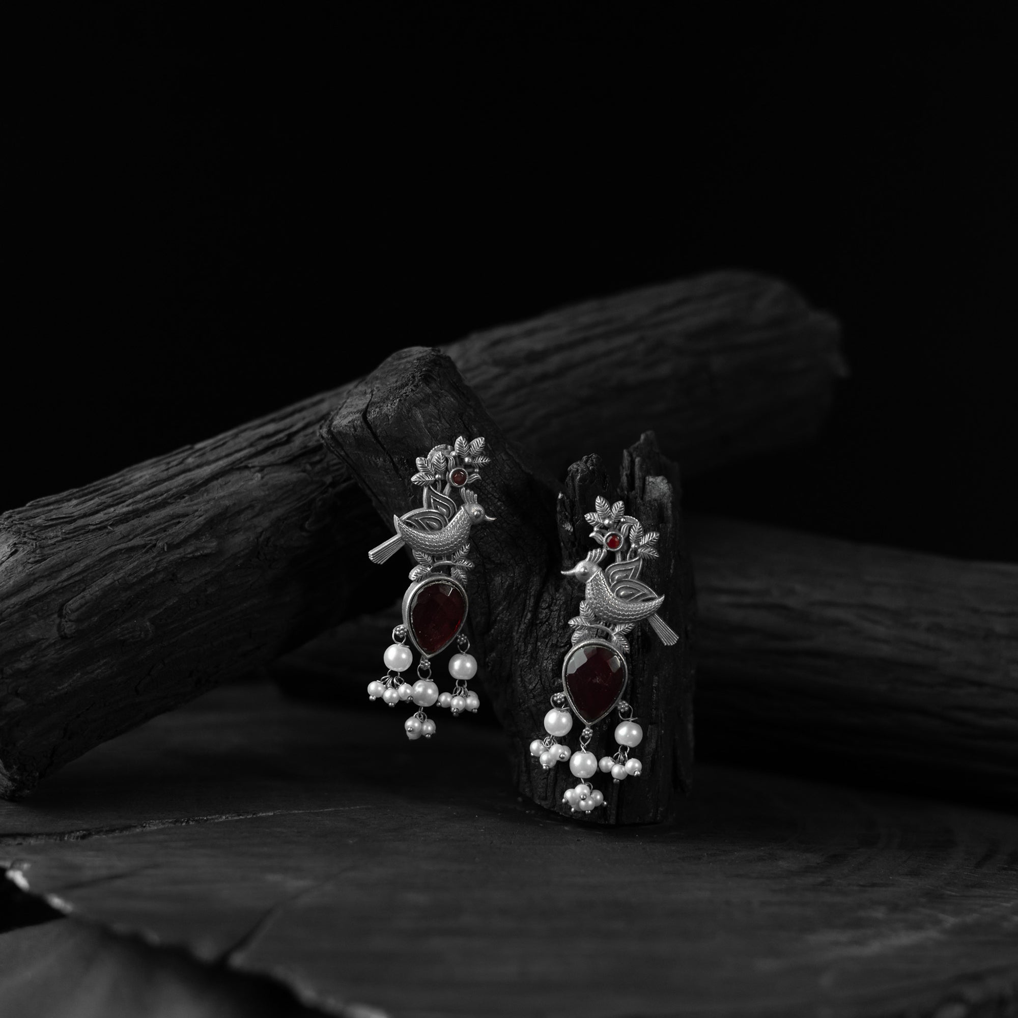 Saanjh Bela Maroon Cuckoo Oxidised Earrings