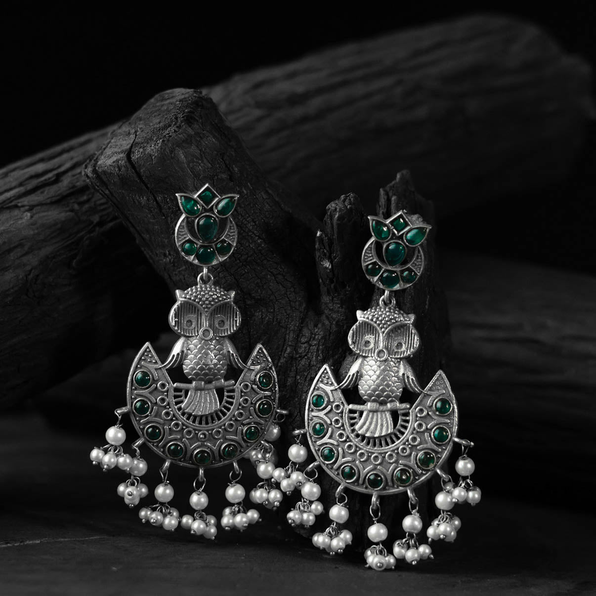 Saanjh Bela Green Owl Oxidised Earrings