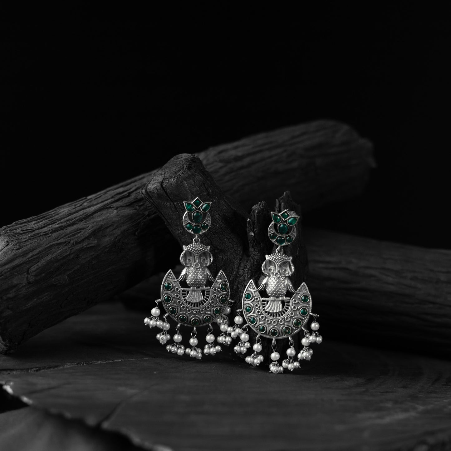 Saanjh Bela Green Owl Oxidised Earrings
