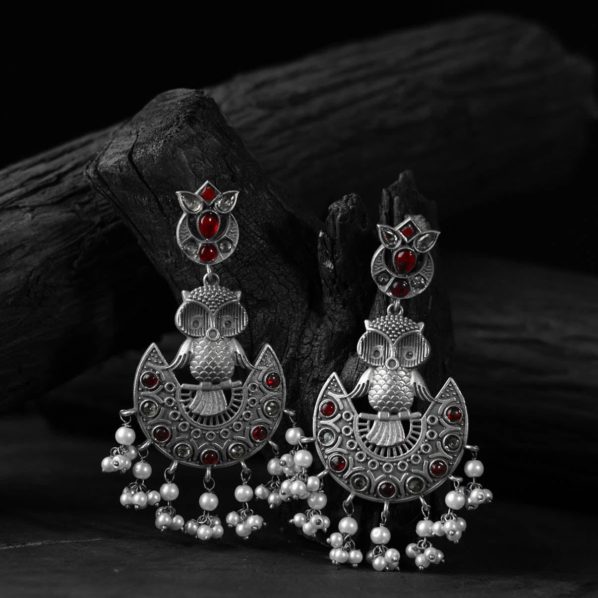 Saanjh Bela Red Owl Oxidised Earrings
