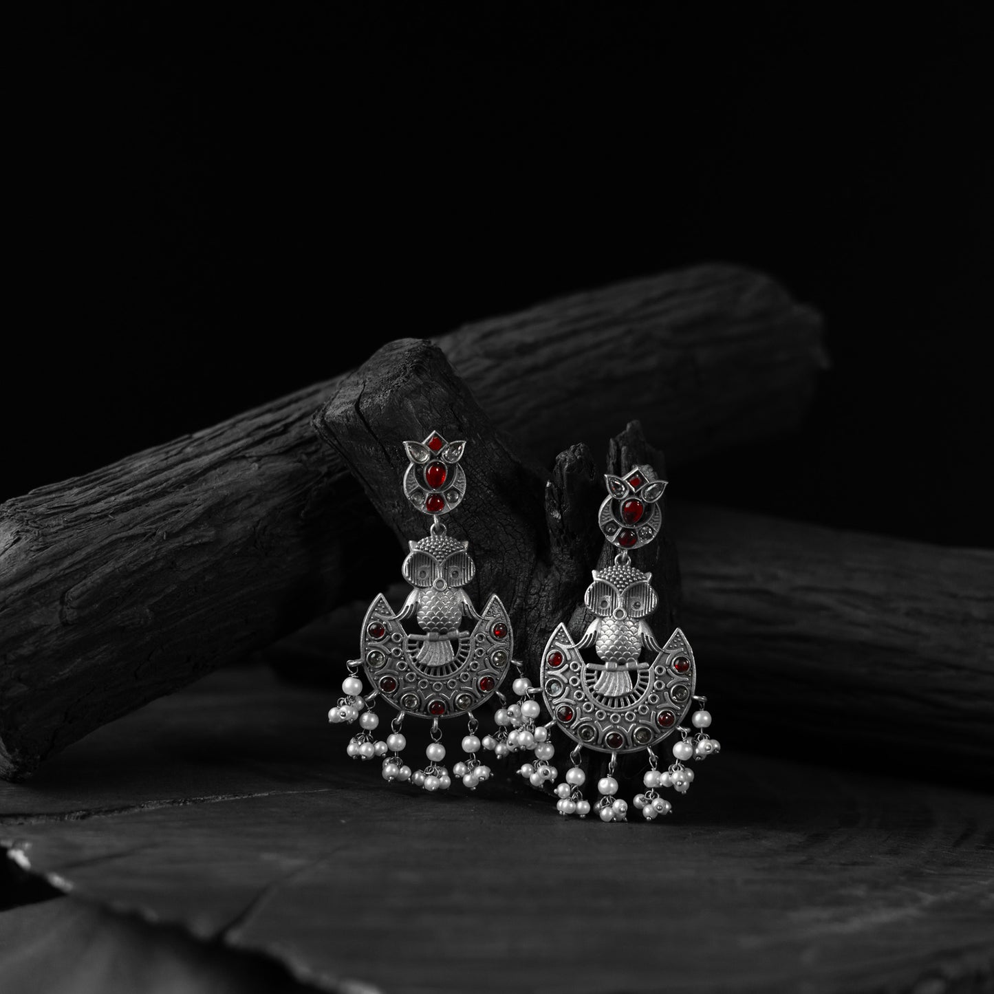 Saanjh Bela Red Owl Oxidised Earrings